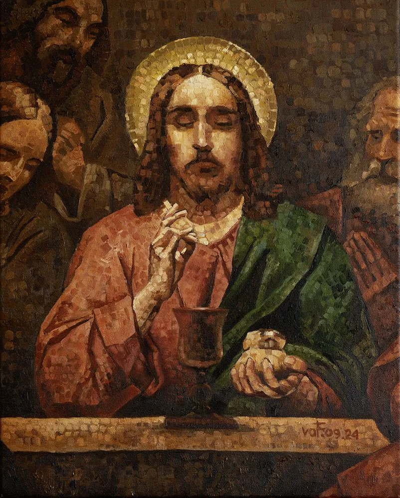 This painting was inspired by the story of our Savior Jesus. On my visit of the St. Isaac cathedral in St. Petersburg, Russia last summer the mosaics of this temple were quite incredible. That moved me to paint it with the brush strokes that would re