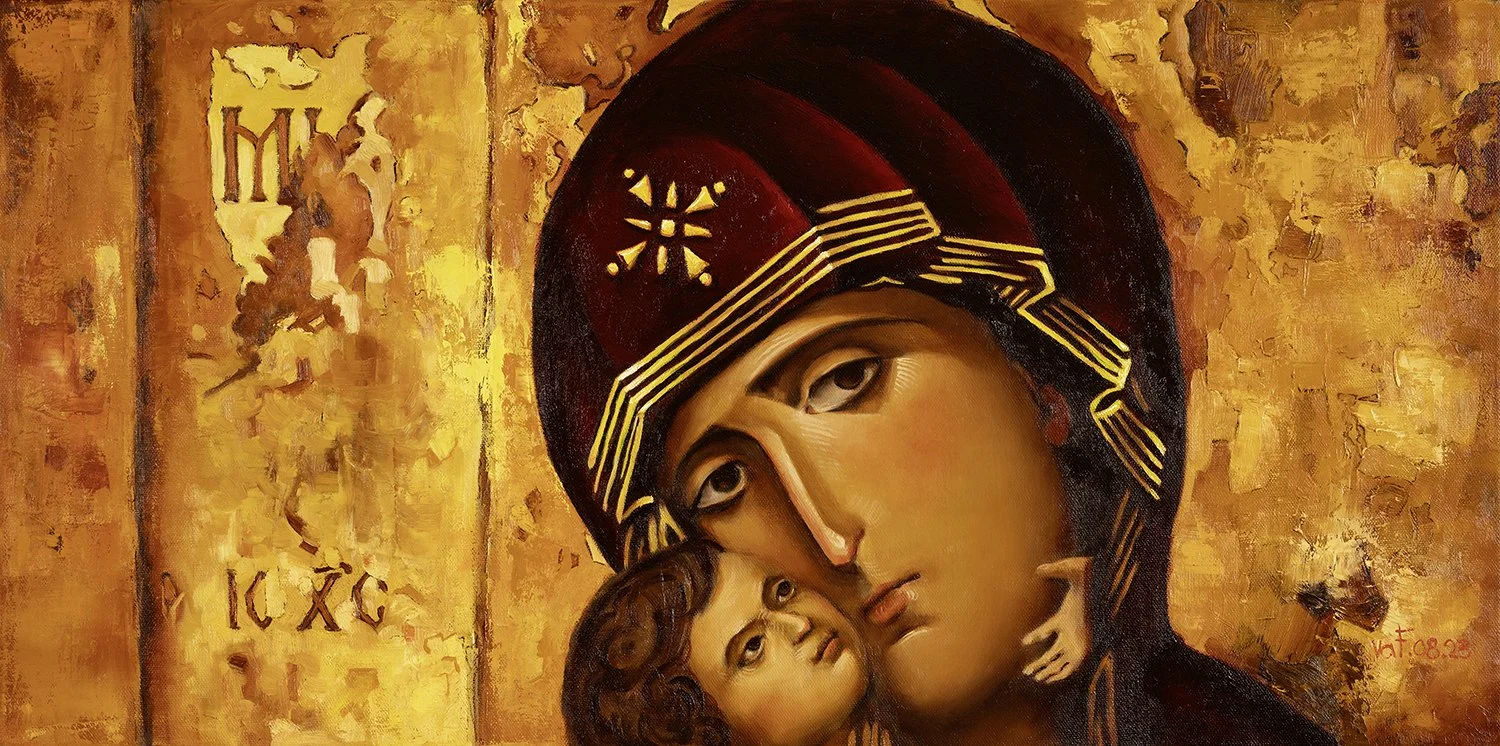 This painting was inspired by the antient Russian icon called "Our Lady of Vladimir" that can be traced back to 1125.
For many, The Lady Who Saves Russia is the most loved image of the Eastern Church.