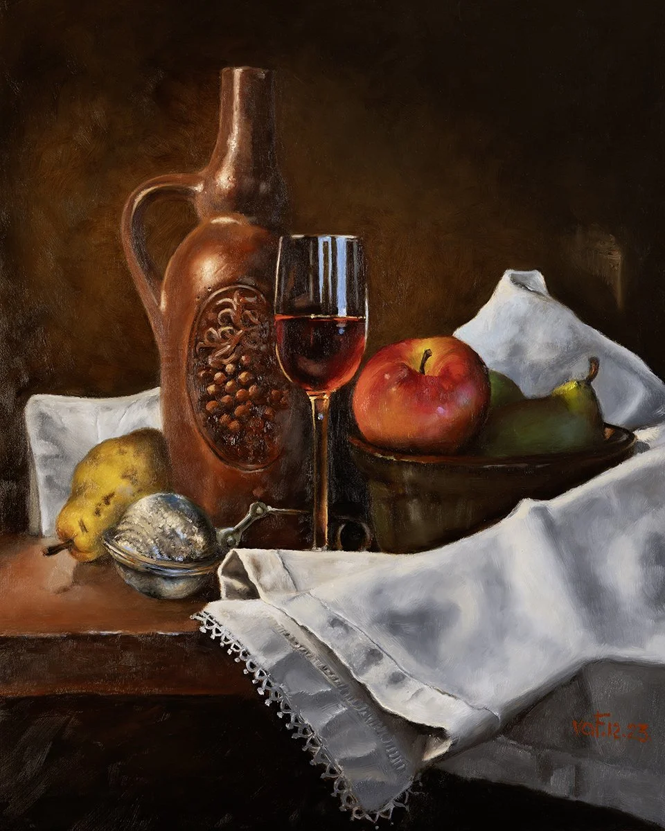 This painting was inspired by the old masters paintings. The goal was to explore the textures and the colors of the objects in the mixed light.