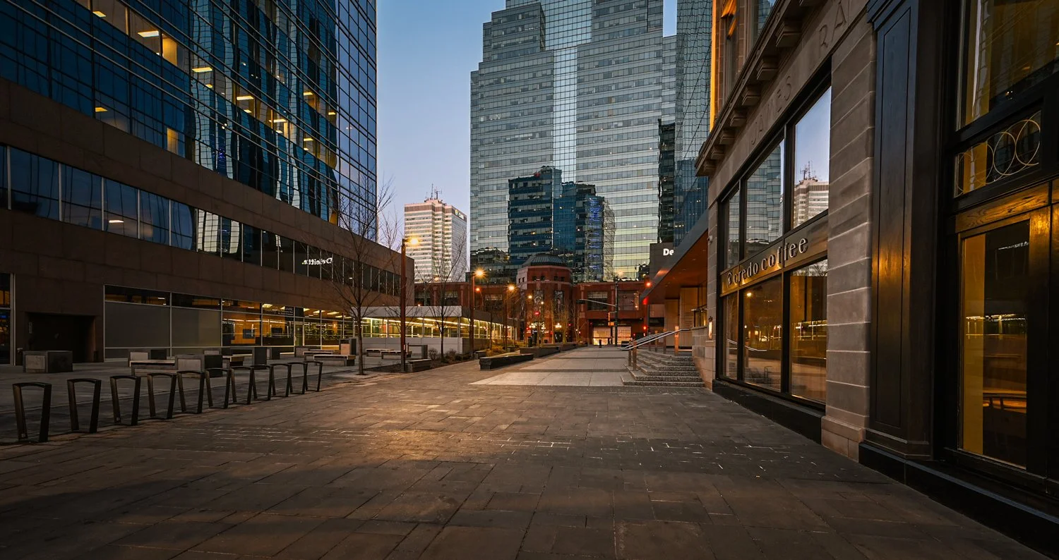 Edmonton downtown, early in the morning. I used to work in one of these buildings. Of course, it is deserted during the first months of COVID 19.