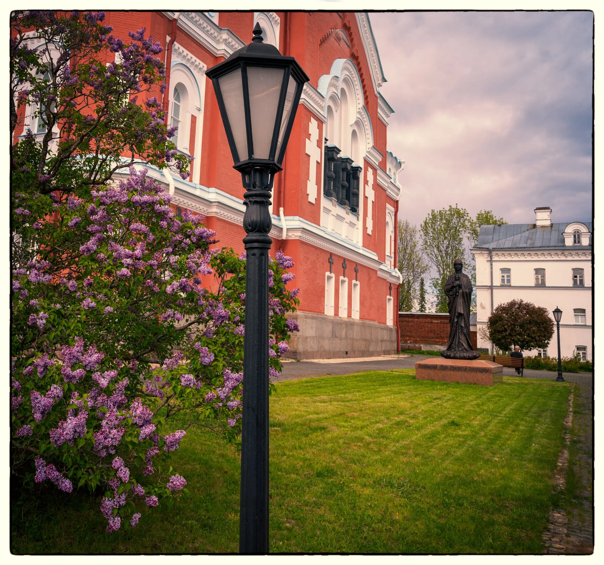 Valaam is an archipelago in the northern portion of Lake Ladoga . Monastery on the island. View on the Savior and Transfiguration Sobor on the left and the 19 century hotel, white building, on the right.