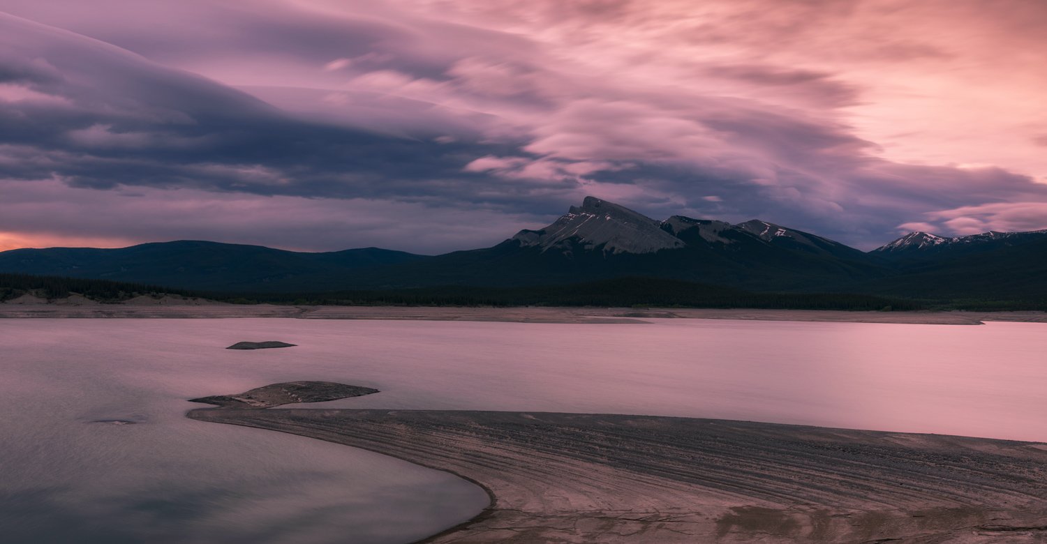 Early spring on Abraham Lake the water level was incredibly low. I think it was sunset. 