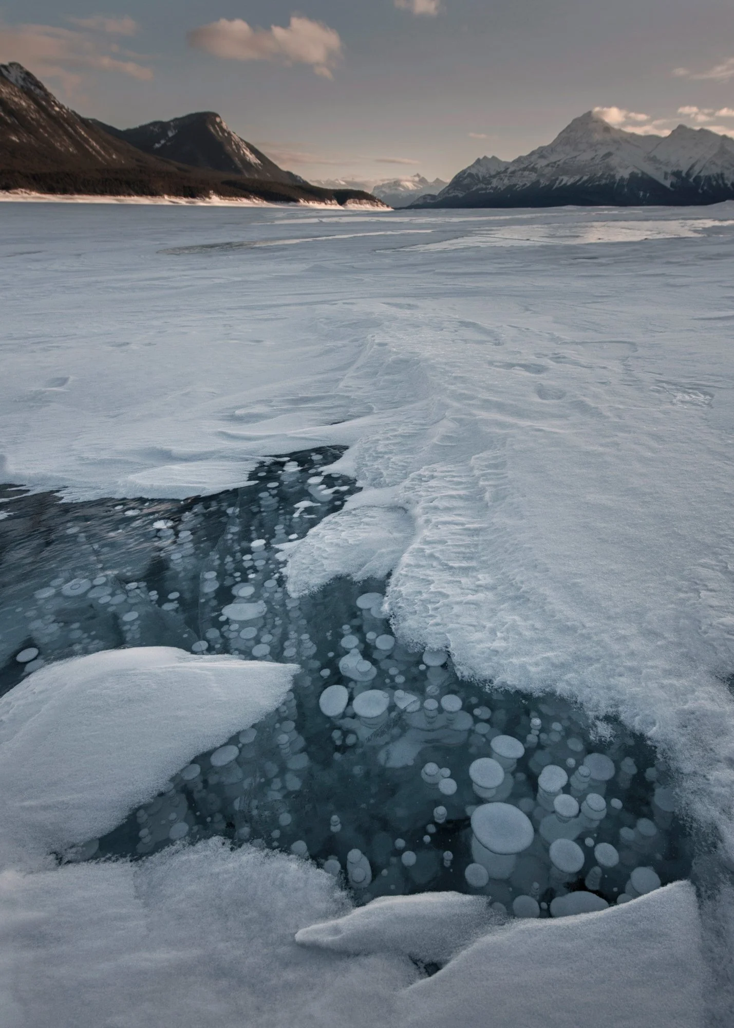 Belly of Abraham.  After a 30cm snow we still got some windows of clear ice with bubbles.