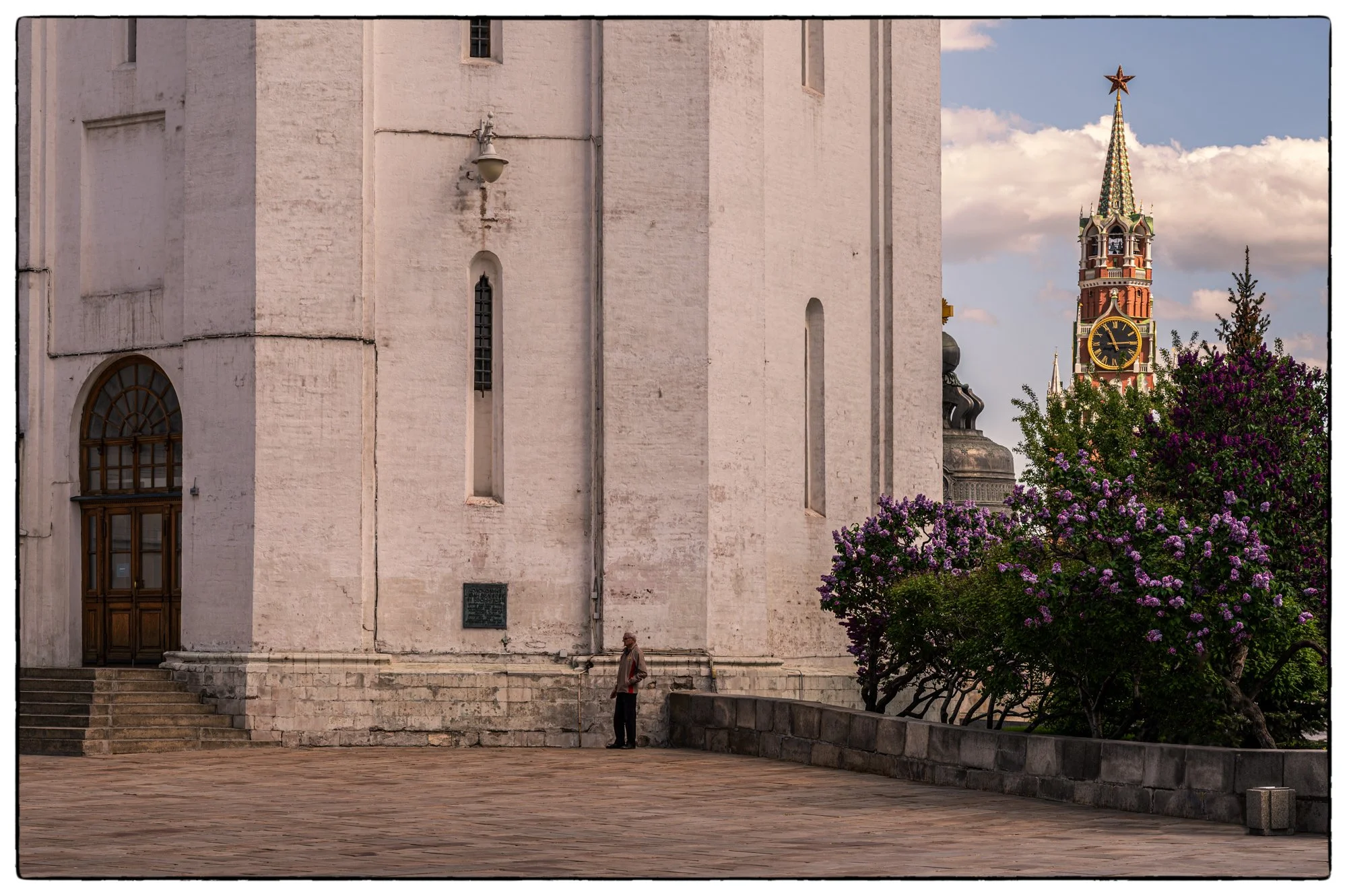 Inside the Moscow Kremlin. The Cathedral of Archangel on the front and the Saviour Tower and the Tsar Bell on the back