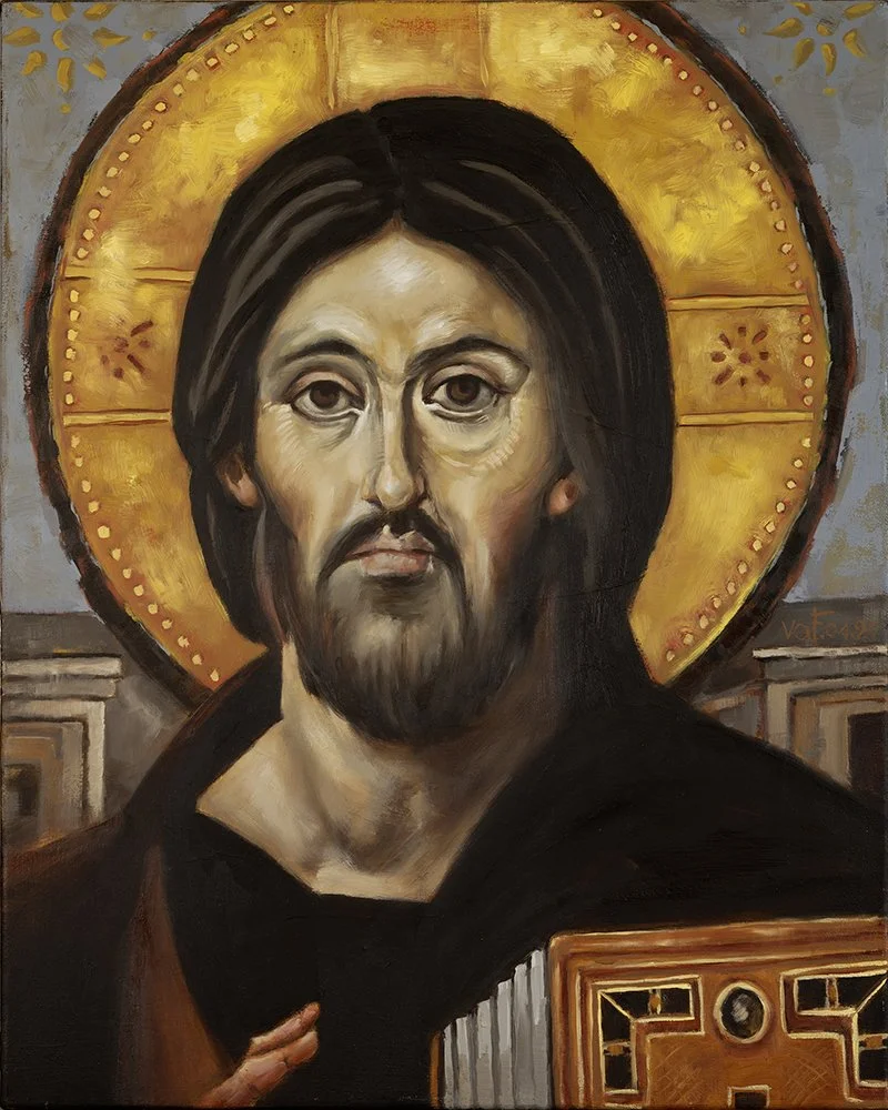 This painting was inspired by Christ Pantocrator icon of St. Katherine's Monastery, Sinai, Egypt
It is an oldest known icon of Christ Pantocrator from 6th century.