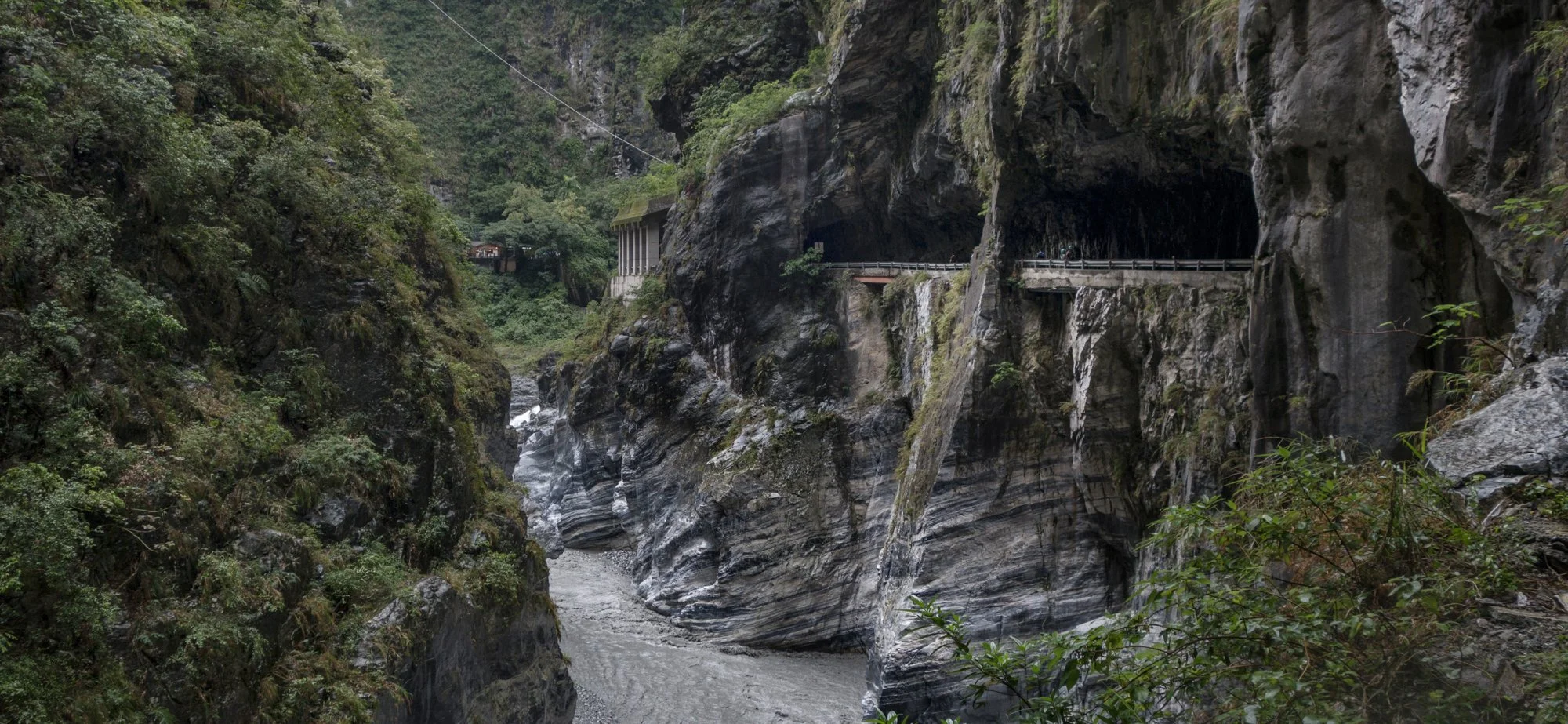 Taroko Gorge. View on the swallow nest caves and road.