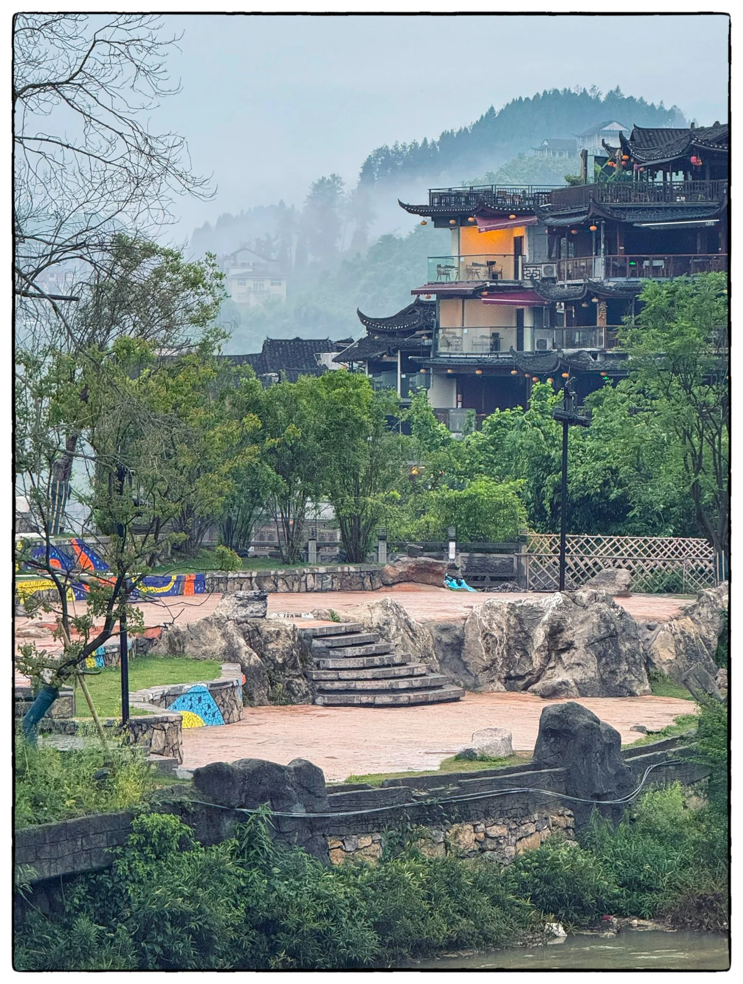 Main square by the waterfall.