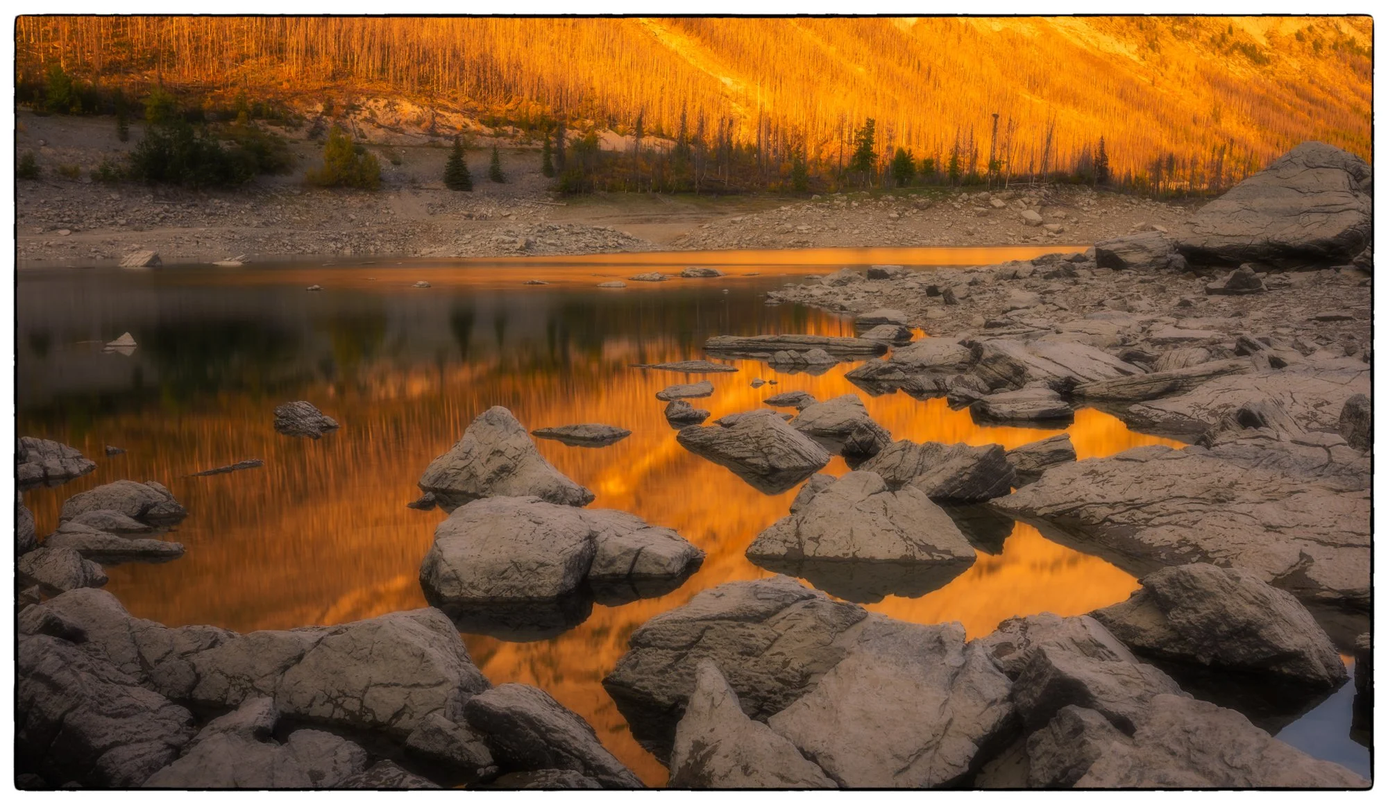 Medicine Lake at sunset. The reflected light was like the melted gold.