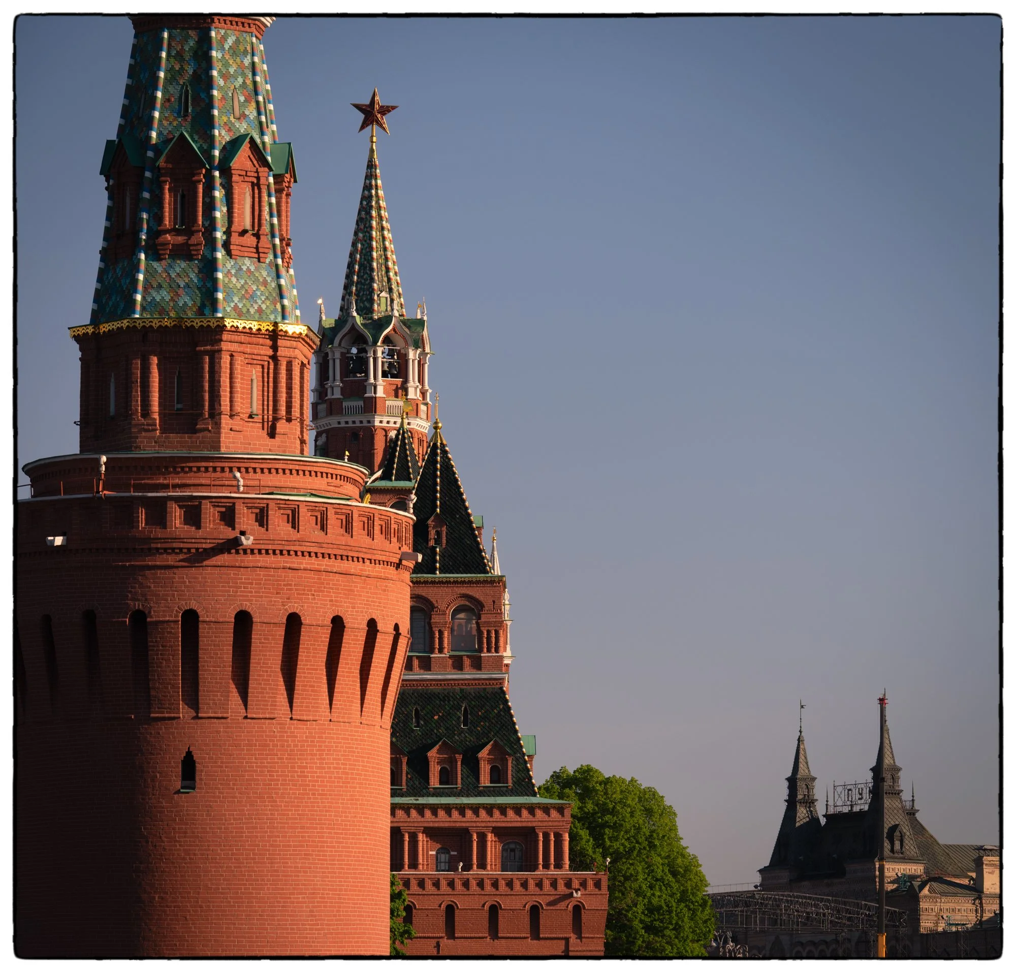 Walking around Moscow Kremlin in the morning. Close look at some of its towers