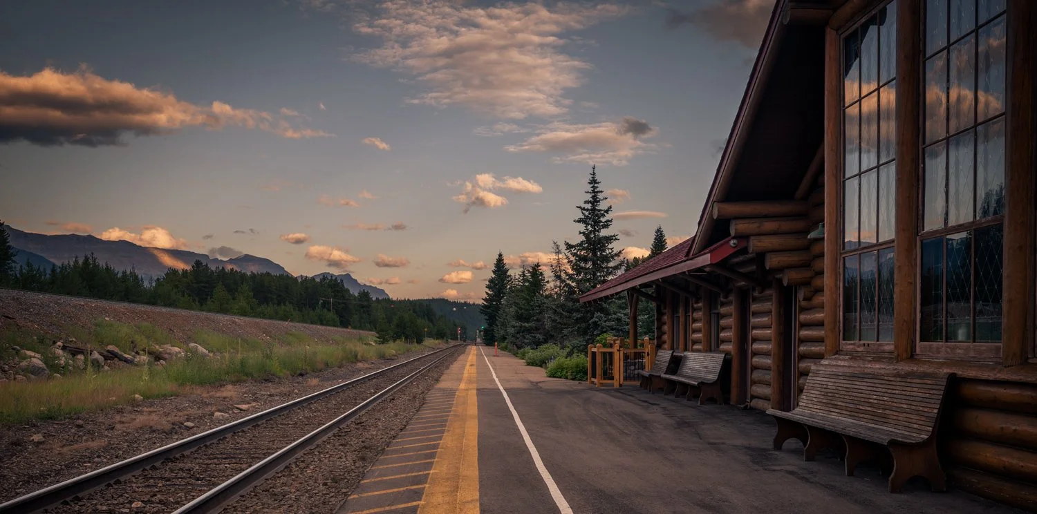 Lake Louise, train station at sunset.