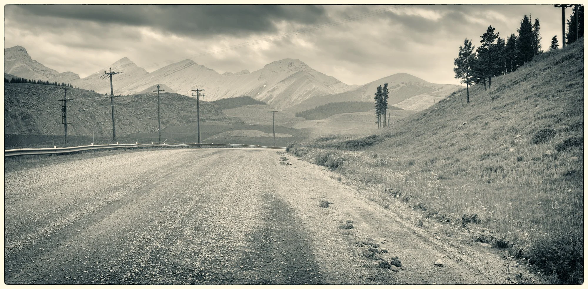 Driving gravel road towards Cadomin town 
