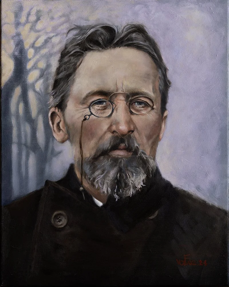 Chekhov's introspective nature and unique personality inspired this portrait. His thoughtful expression suggests a deep search within himself, reflecting a sense of cold sorrow. The cool color palette and bare trees in the background enhance this emo