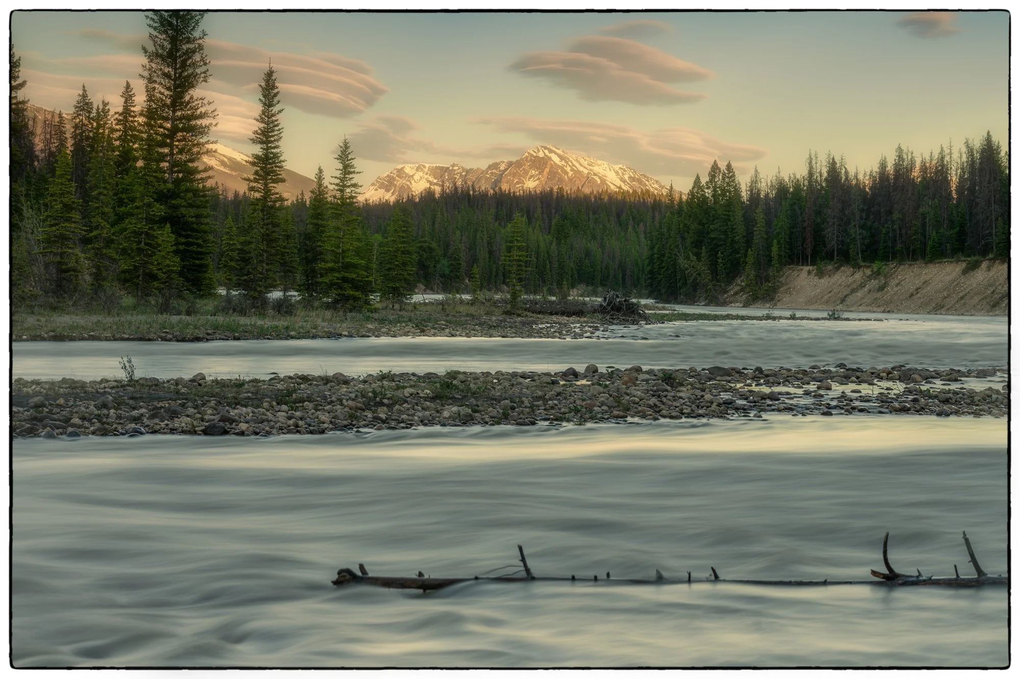 Walking in the evening by the Athabasca river by the Wabasso Campgrounds.
