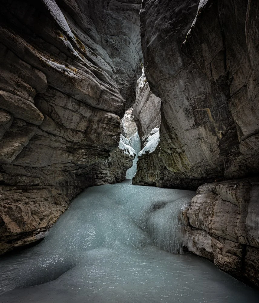 This was shot in the bottom of the Maligne canyon, walking on the ice.