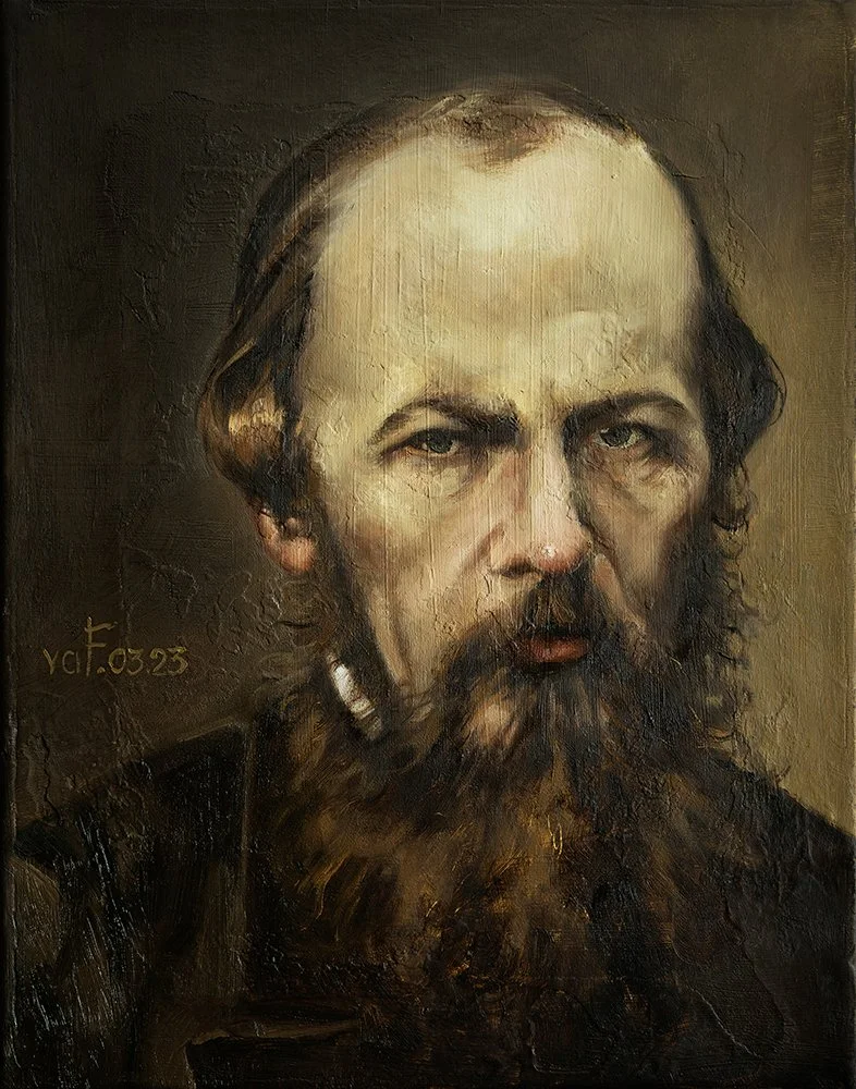 This work was inspired by the writings of Fyodor Dostoevsky.
My hope is that through this portrait viewer would be reminded about the great Russian literature and culture.
The oil on a canvas is a classical medium and it fits perfectly the painting o
