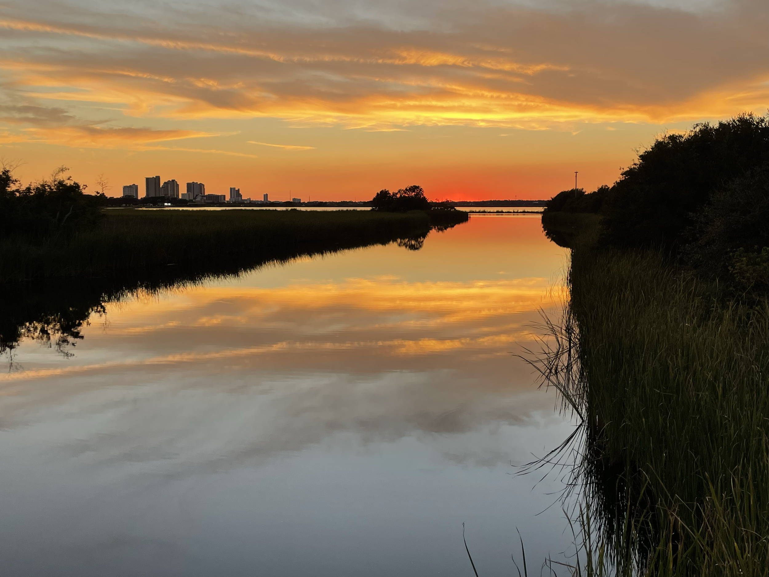 Sunset over a river with silhouettes of trees and a city skyline in the distance, reflected in the water.