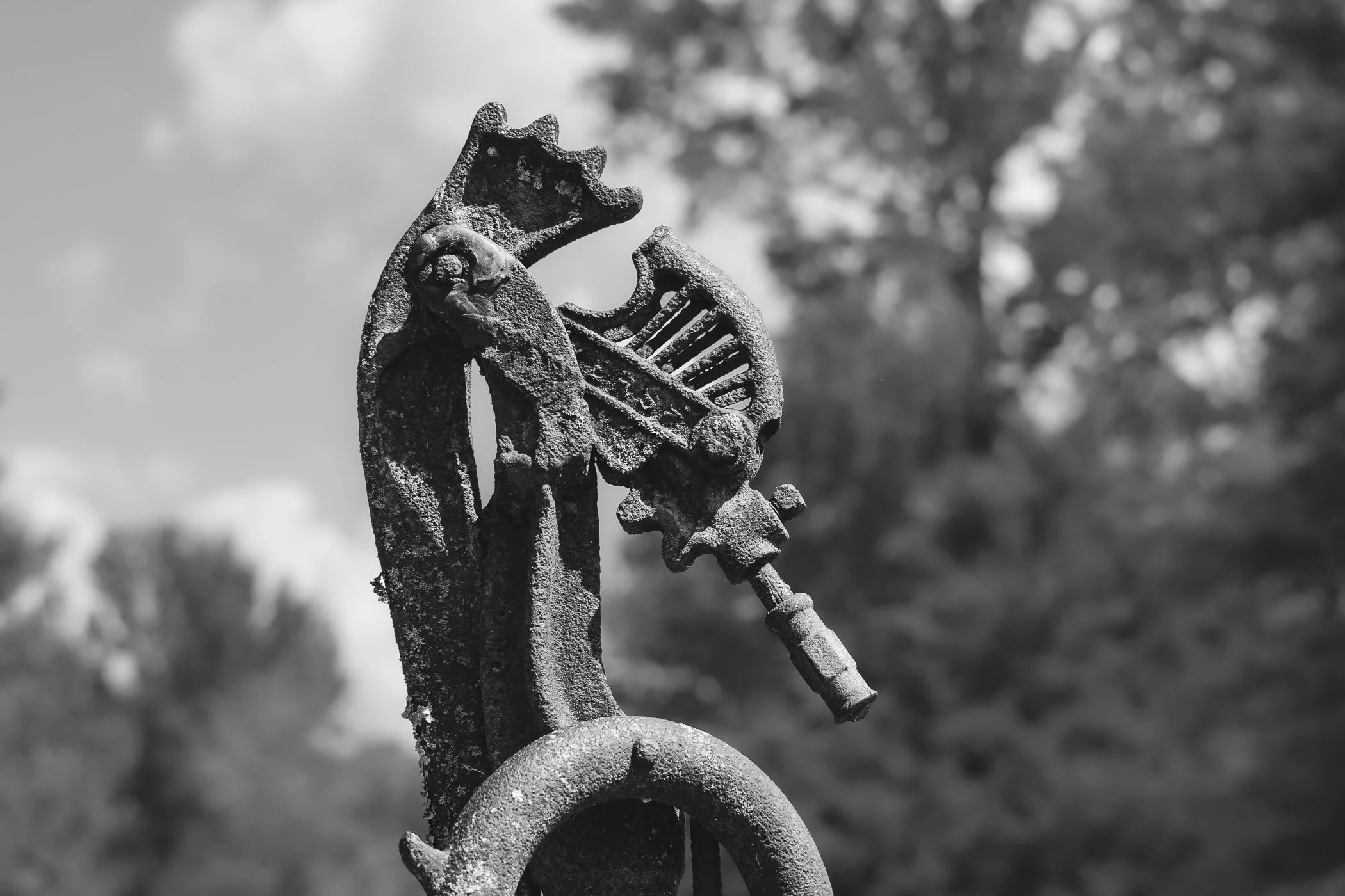 Black and white photograph of an old, ornate, metal water pump with intricate designs, standing outdoors with trees blurred in the background.