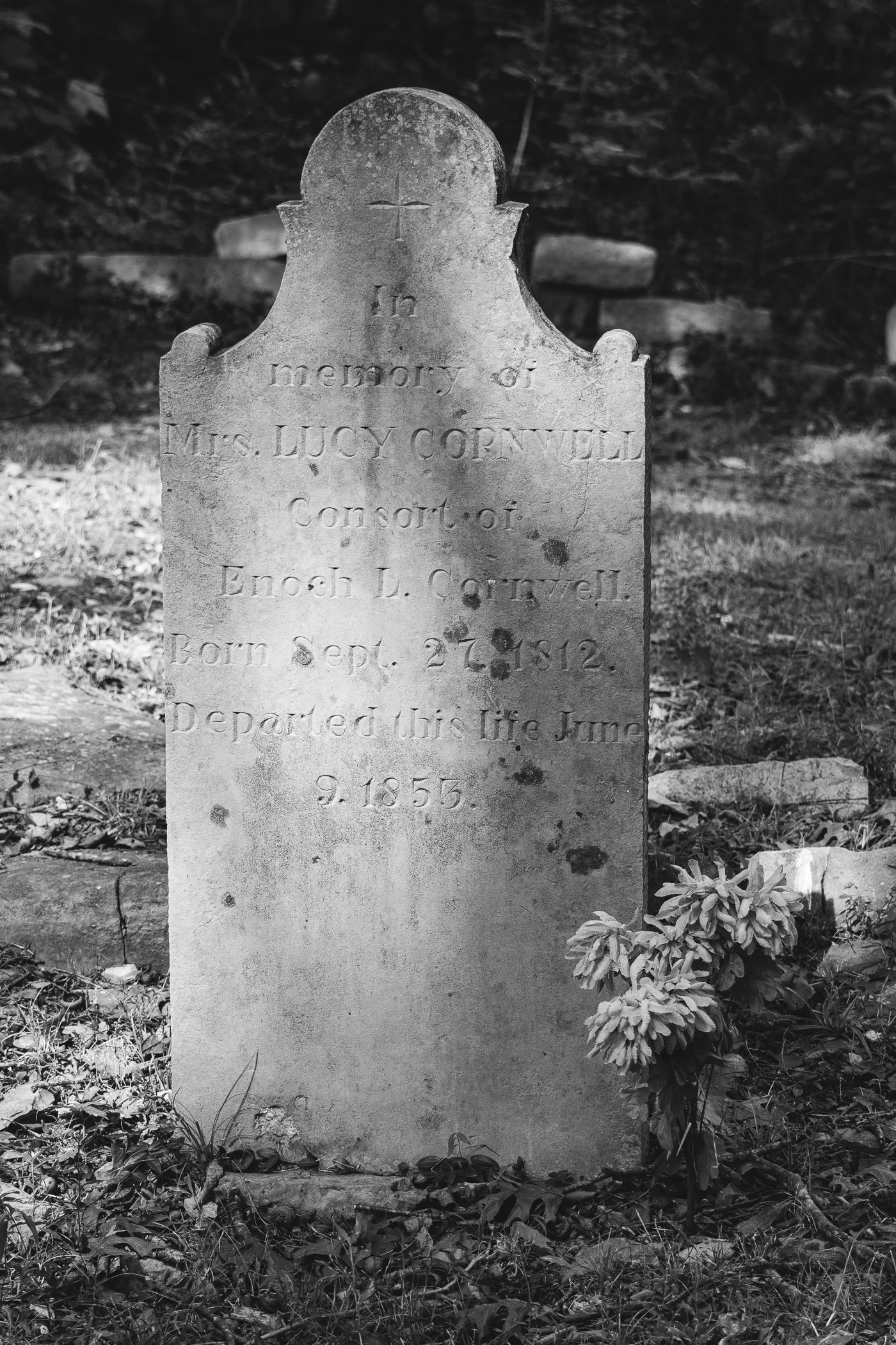 Gravestone in a cemetery with engraved inscription for Mrs. Lucy Cornwall, born September 21, 1812, who passed away in 1853, accompanied by flowers and surrounding grass and leaves.