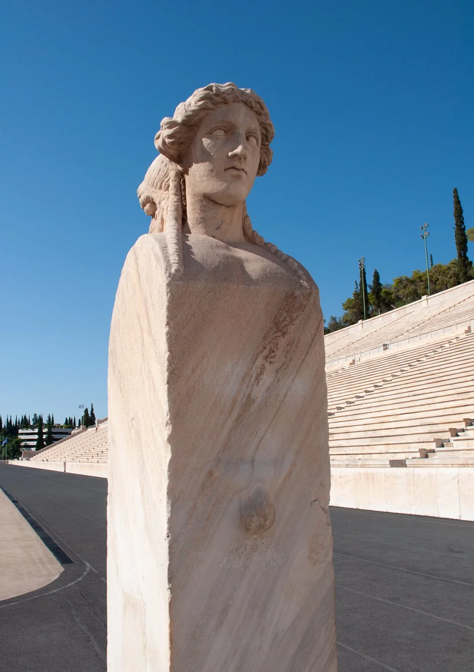 A marble statue at the Olympic Stadium in Greece.
