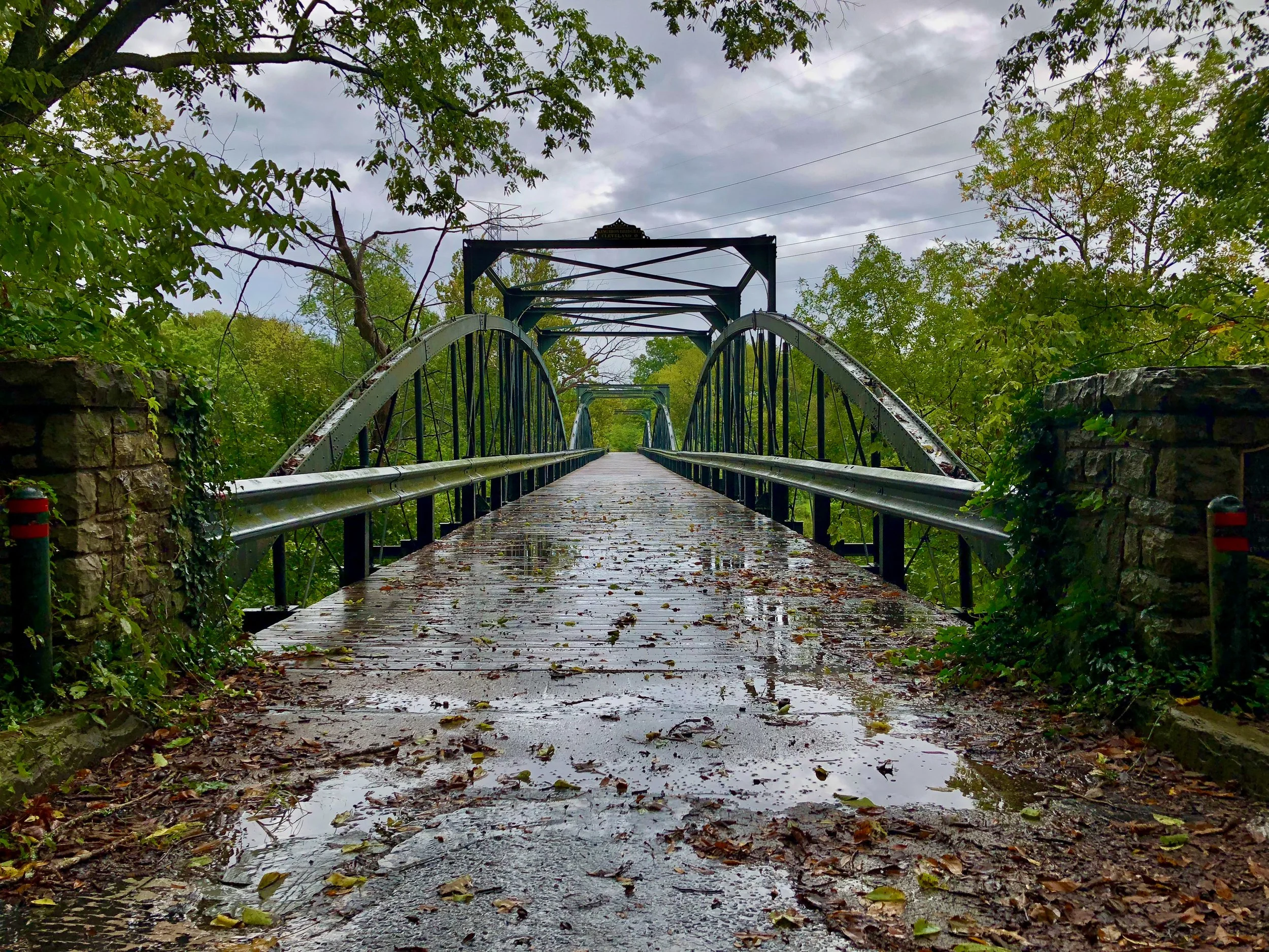 A rain-soaked metal bridge with puddles, surrounded by lush green trees Overcast sky overhead.