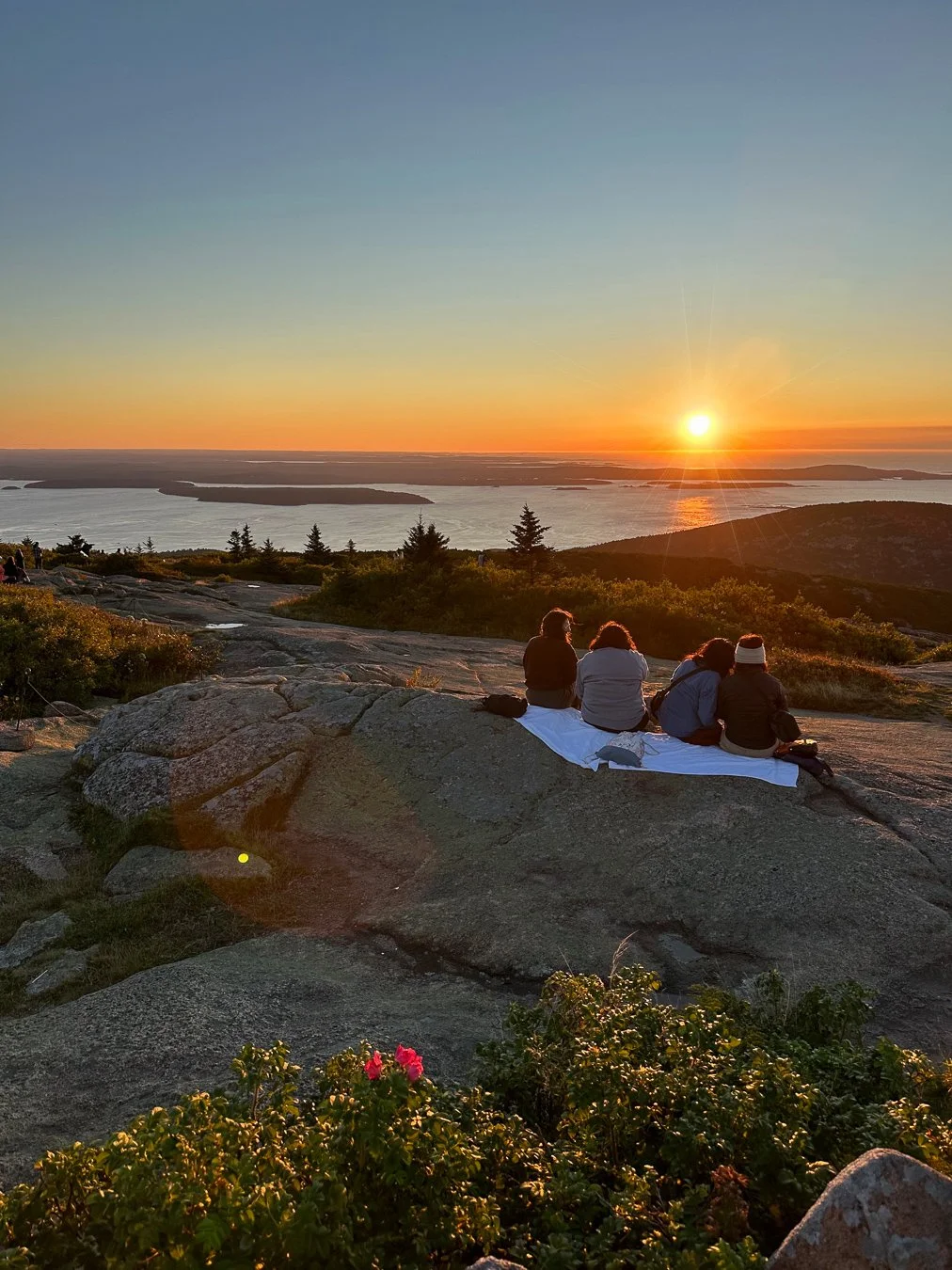 Four people sitting on a white blanket on rocky terrain, watching a sunset over a body of water with islands. They are surrounded by shrubs and trees, with a distant landscape and colorful sky.