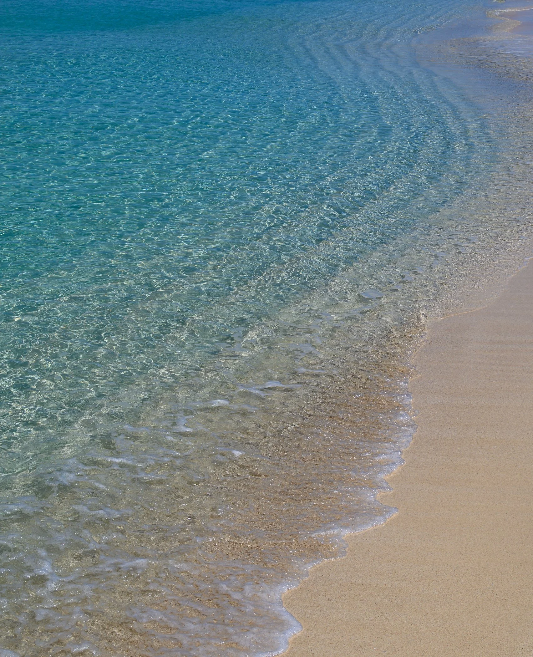 Calm beach with clear blue water gently lapping onto the sandy shore.