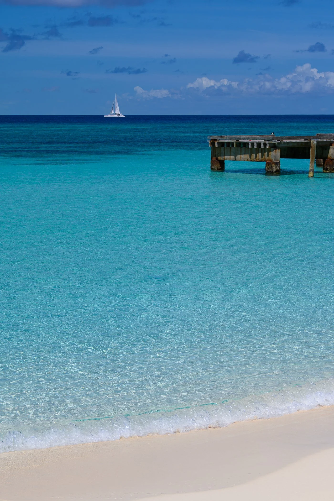 A serene beach scene with turquoise water, a wooden pier extending into the ocean, and a sailboat in the distance under a partly cloudy sky.