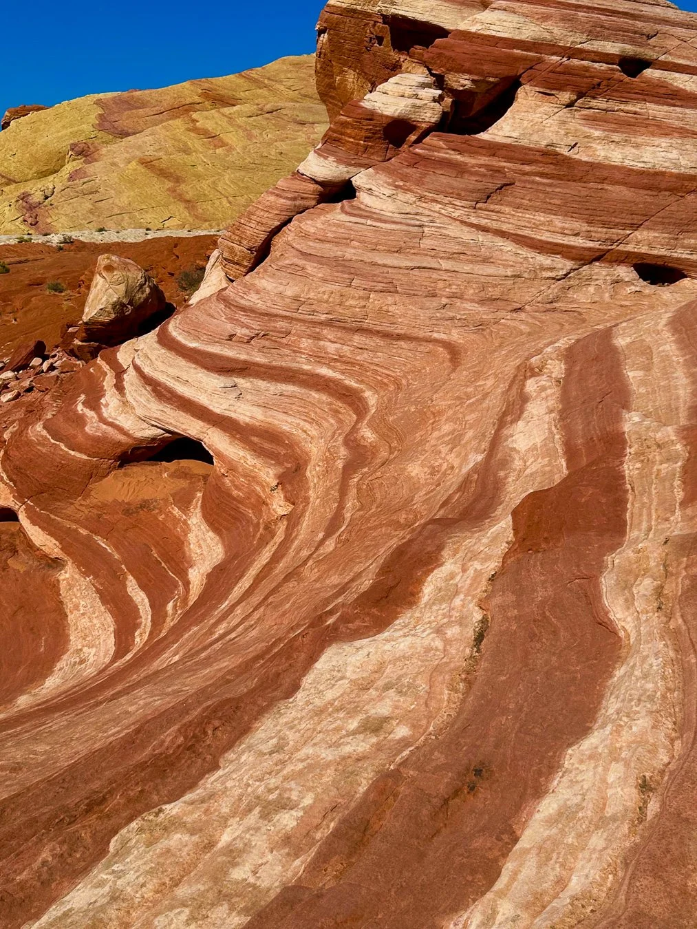 Cliffside lines and a bright blue sky in Valley of Fire State Park.