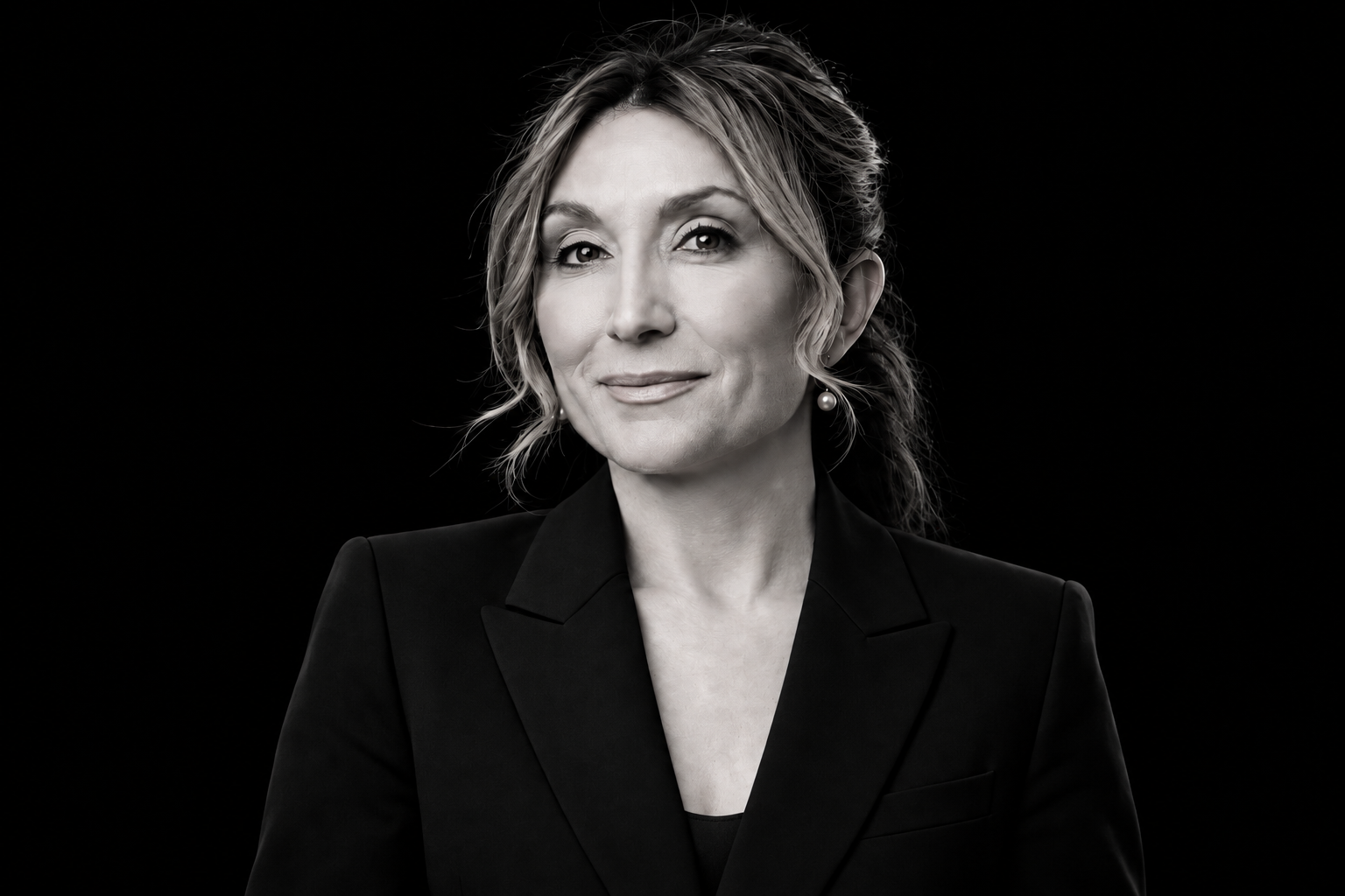 Black and white portrait of a Corinne MacLellan, wearing a dark blazer, smiling subtly, with a dark background.
