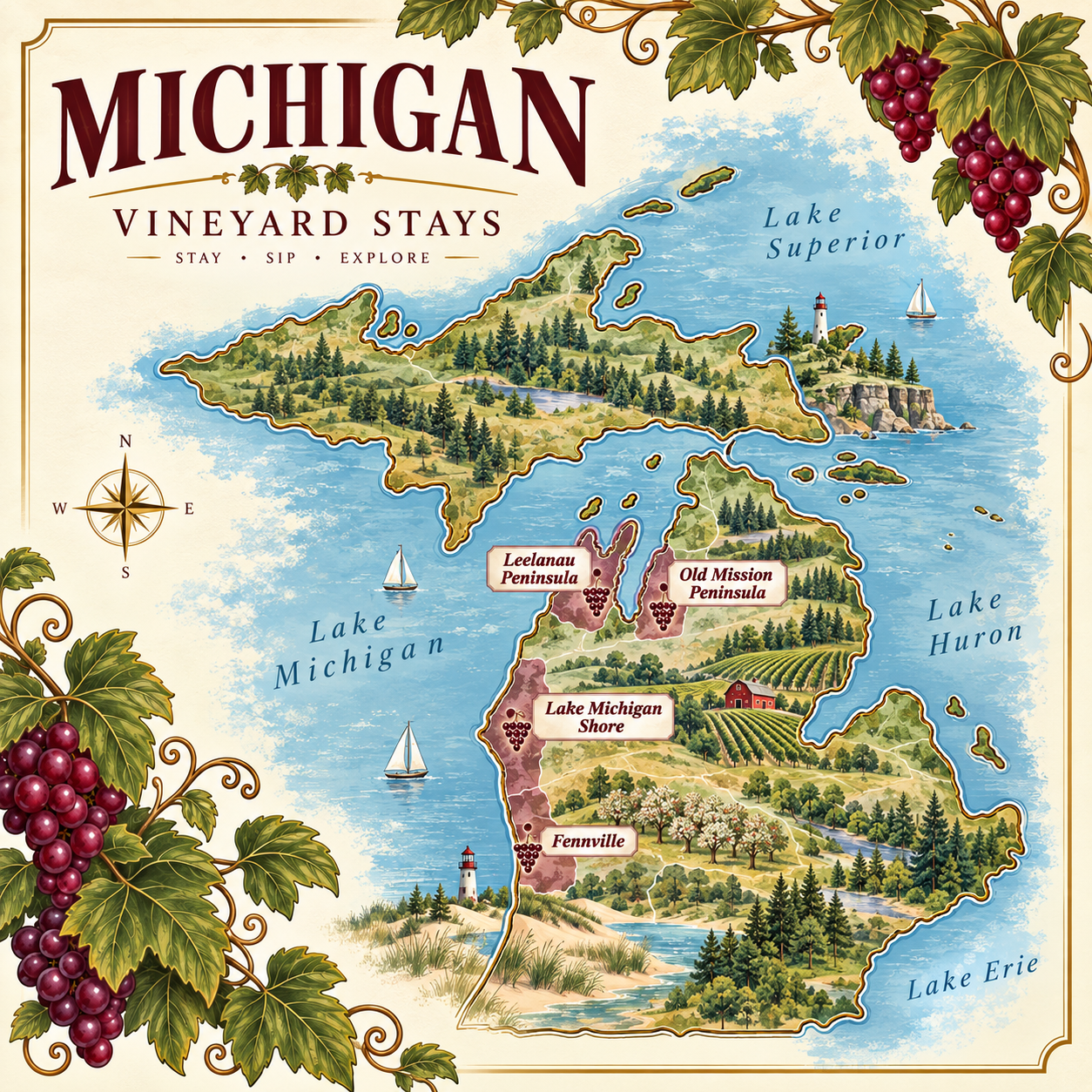 Map of Michigan's vineyard regions with illustrations of lakes, lighthouses, vineyards, and towns, highlighting Leelanau Peninsula, Old Mission Peninsula, Lake Michigan Shore, Fennville, and Lake Erie. Decorative grapevine and grape motifs in corners.