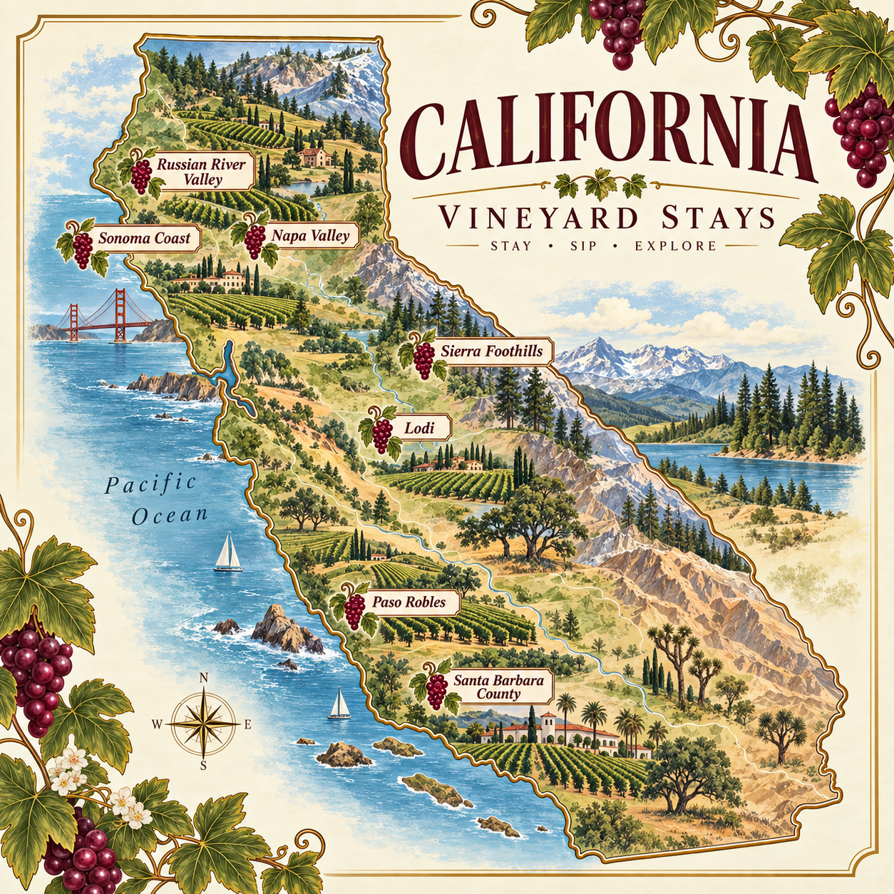 Map of California highlighting vineyard regions such as Russian River Valley, Sonoma Coast, Napa Valley, Sierra Foothills, Lodi, Paso Robles, and Santa Barbara County with illustrations of vineyards, mountains, and the Pacific Ocean, decorated with grapevine and leaf motifs.