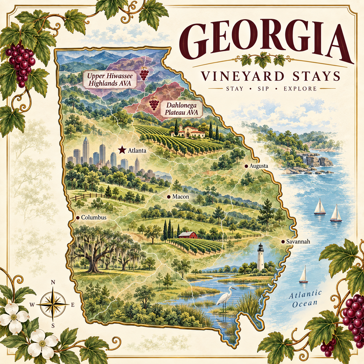 Illustrated map of Georgia highlighting vineyards and key cities such as Atlanta, Macon, Columbus, Augusta, Savannah, with mountainous regions and water bodies, decorated with grapes, flowers, and a lighthouse.
