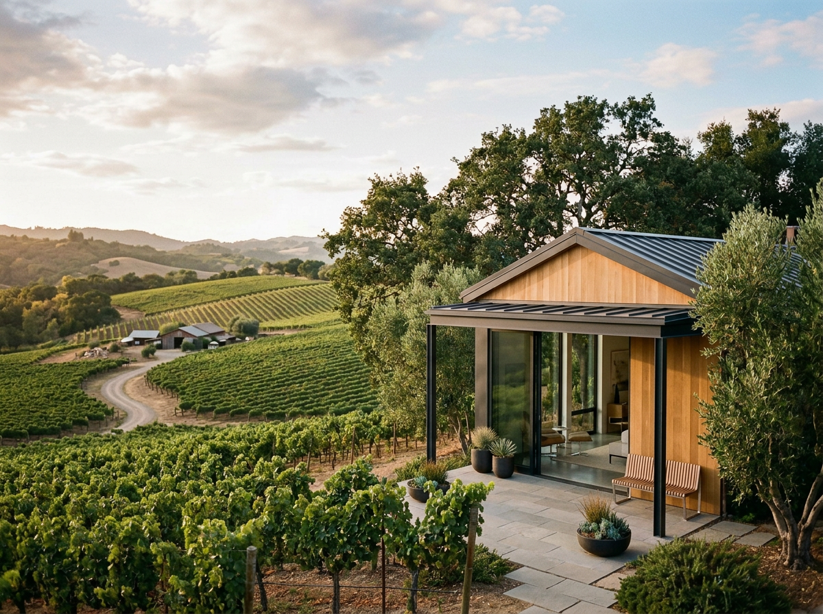 Small modern house with large glass windows, situated in a lush vineyard landscape during the daytime, with rolling hills in the background.
