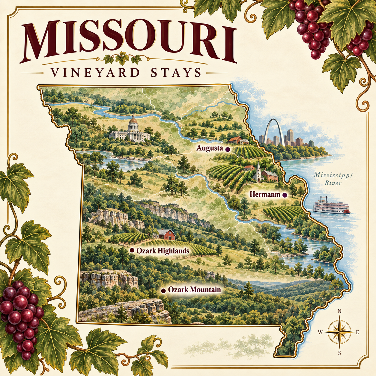 Map of Missouri vineyard stays featuring Ozark Highlands, Ozark Mountain, Hermann, Augusta, and the Mississippi River with a scenic landscape, rivers, and a boat on the river.