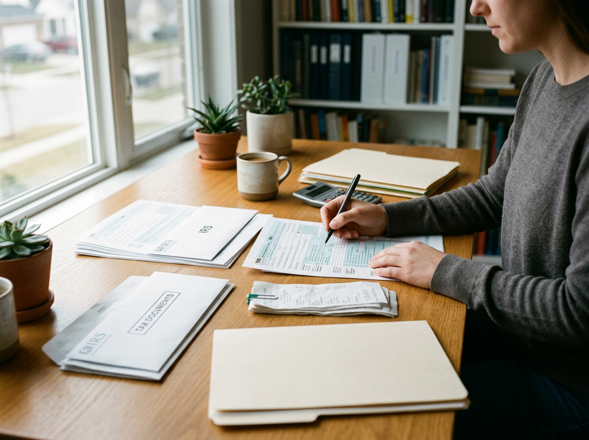 Person filling out tax forms at a wooden desk near a window with potted plants, a cup of coffee, and a bookshelf in the background.