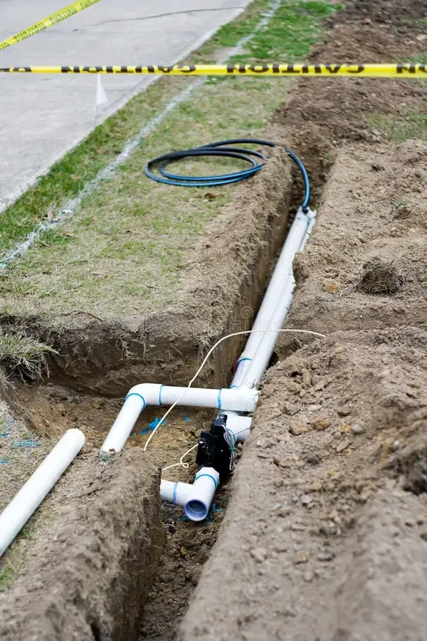 Water piping installation with PVC pipes in a trench, surrounded by dirt.