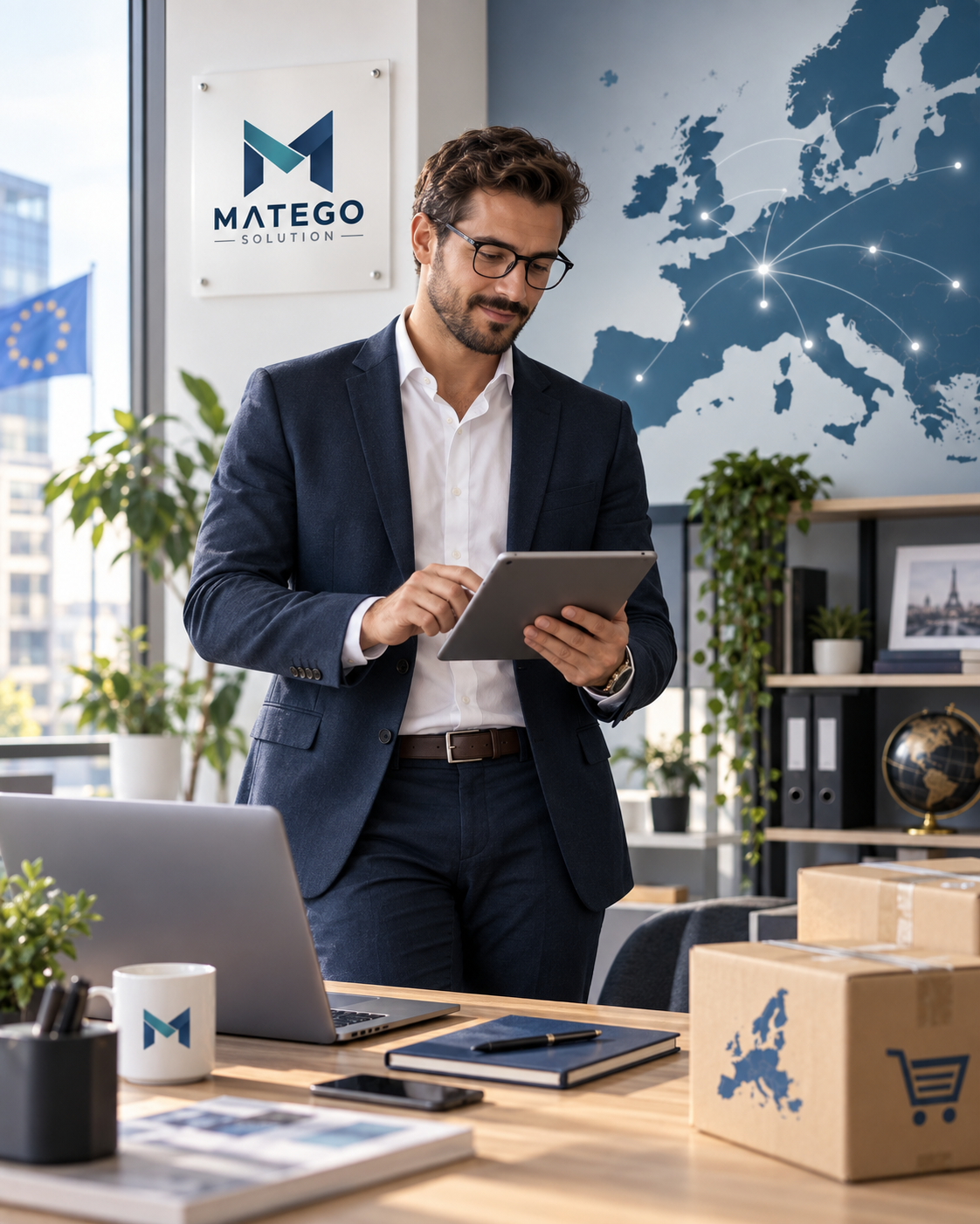 Un homme d'affaires en costume noir, portant des lunettes, utilise une tablette dans un bureau moderne avec une carte du monde en arrière-plan et des boîtes aux lettres. Le bureau a des plantes vertes, un ordinateur portable, une tasse avec le logo MATEGO, et des documents sur la table.