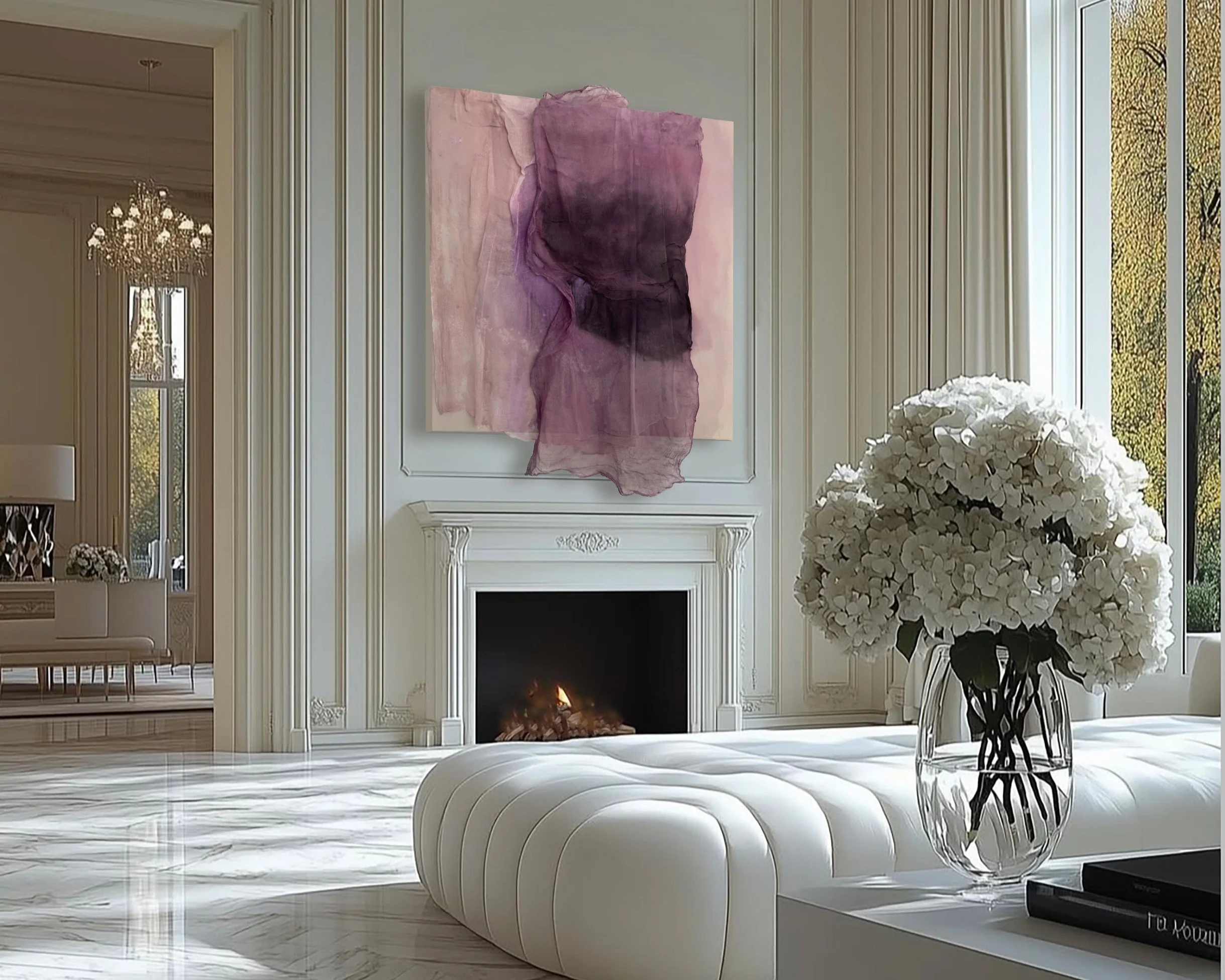 Pale mauve color field painting with transparent dark purple veiled fabric hangs above the fireplace in mantle in a luxury light filled living room textile 