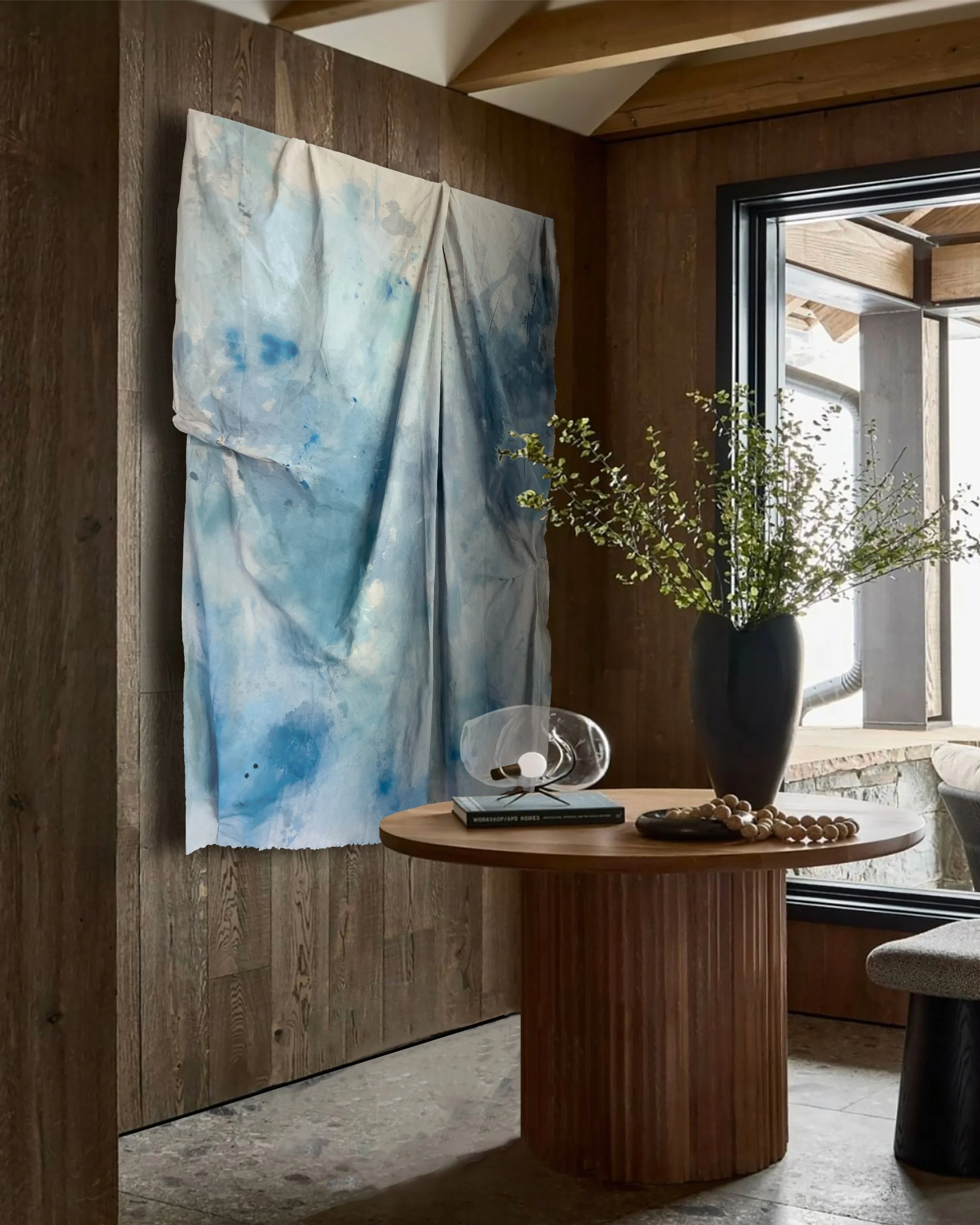 Dimensional drape painting made from repurposed studio dropcloth, designed with tucks to hang in gentle drapes and folds.