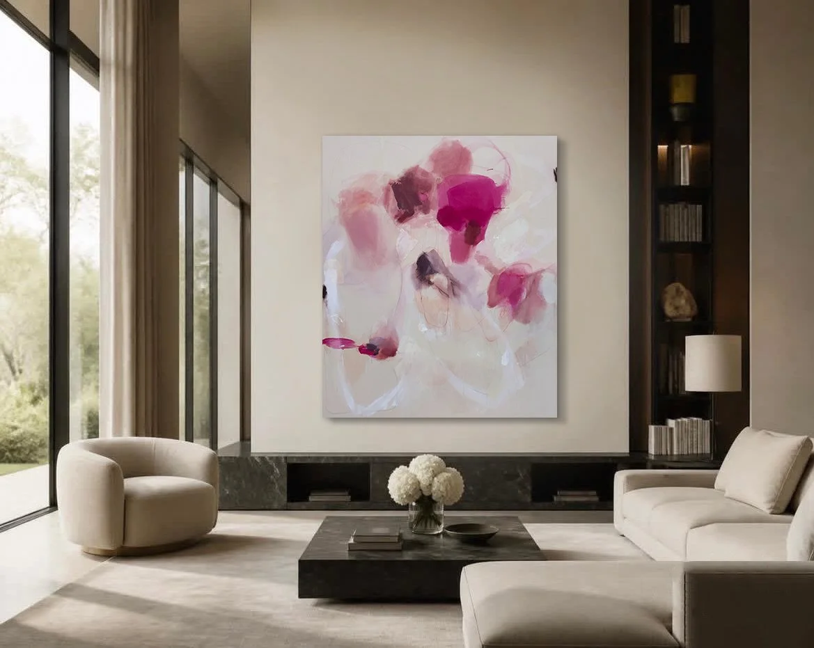 A large magenta and bronze colored contemporary expressionism painting hangs in a neutral-colored elegant and spacious living room 