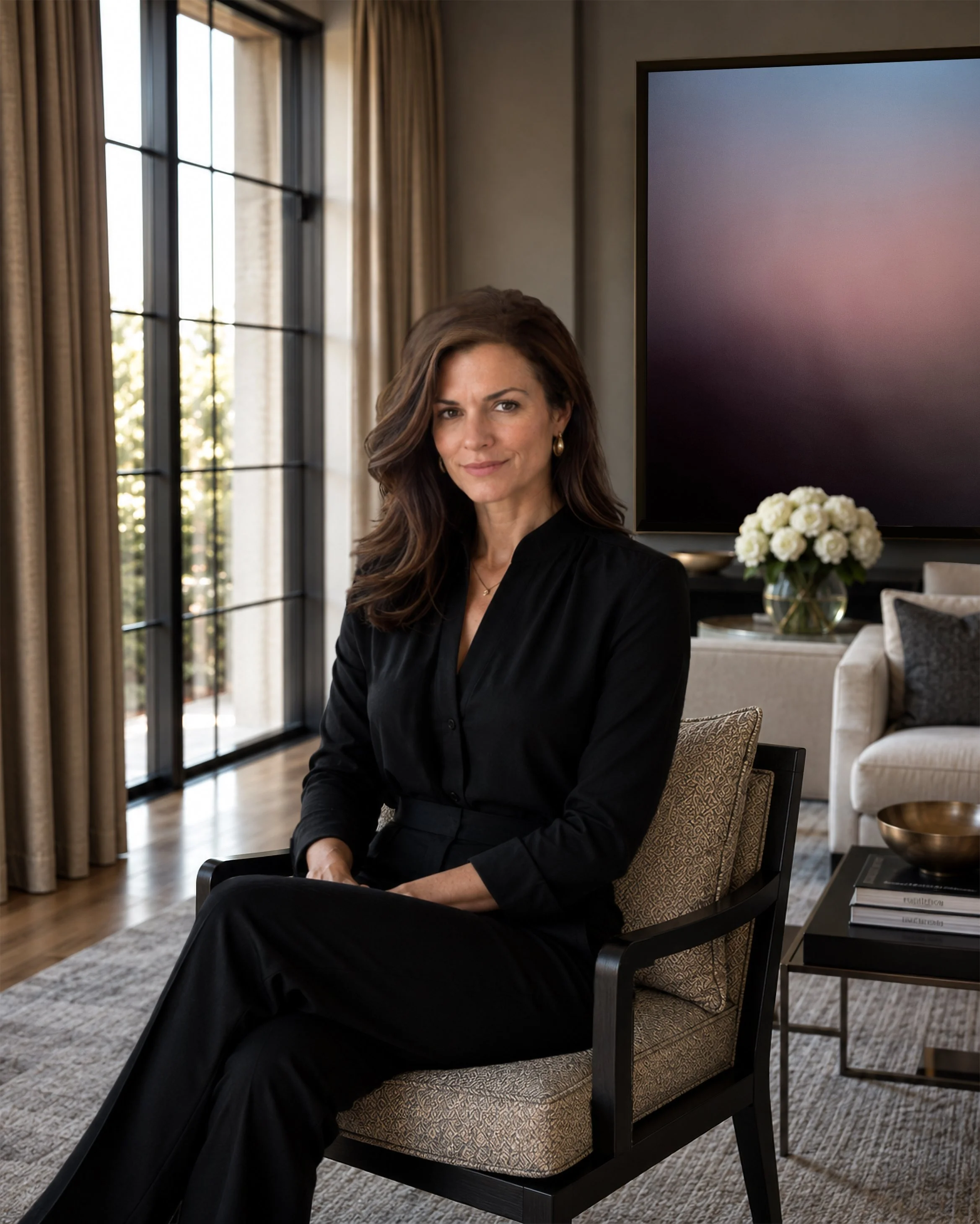 Elegant brunette woman in smart attire sits in naturally lit luxury interior with a color gradient painting hanging in the background which resembles a blurred hillside or coastal landscape at sunset. The color field painting is oriented vertically.