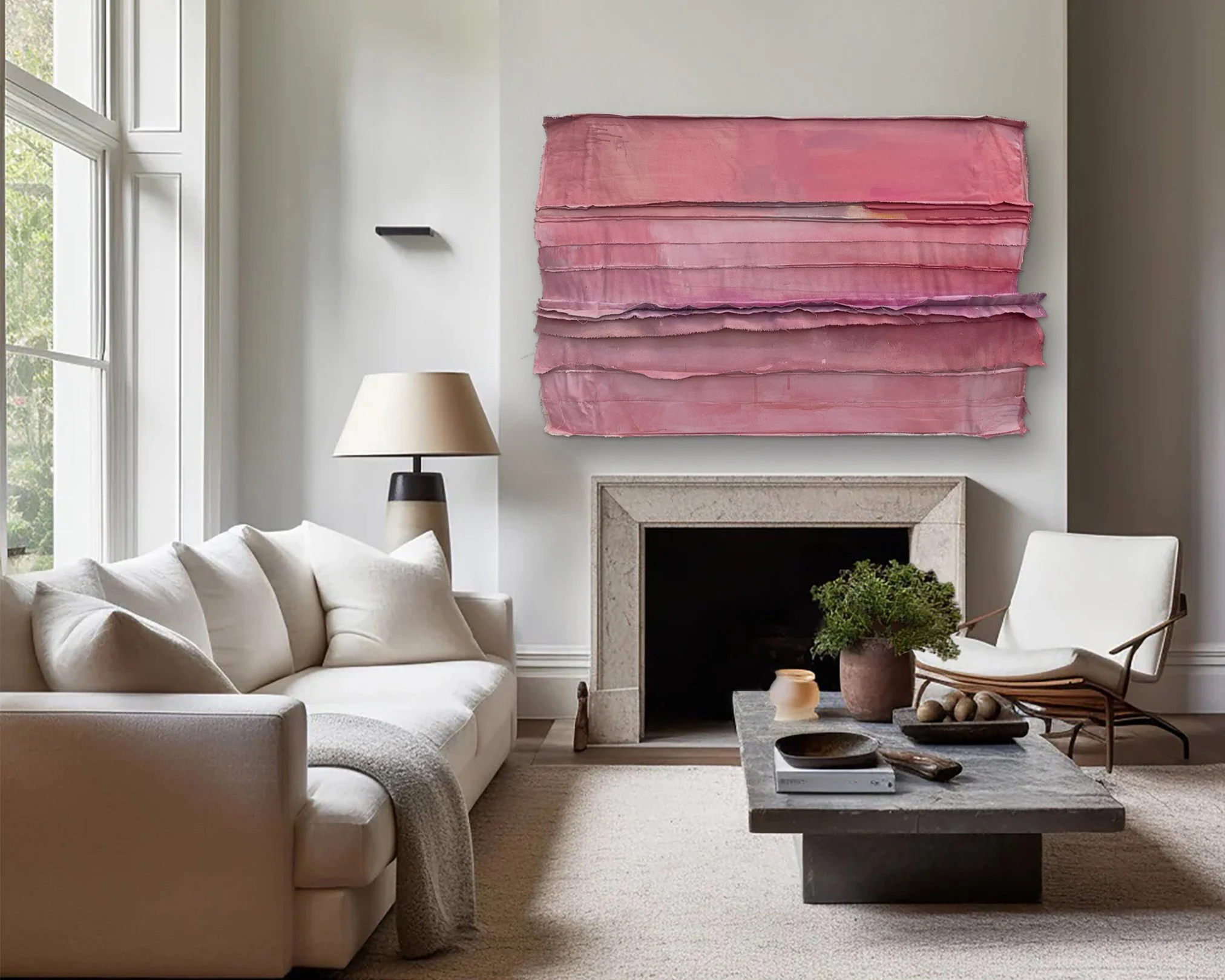 A contemporary, neutral off-white living room gets a pop of color from a Nantucket red-colored dimensional stain painting constructed from reclaimed canvas strips