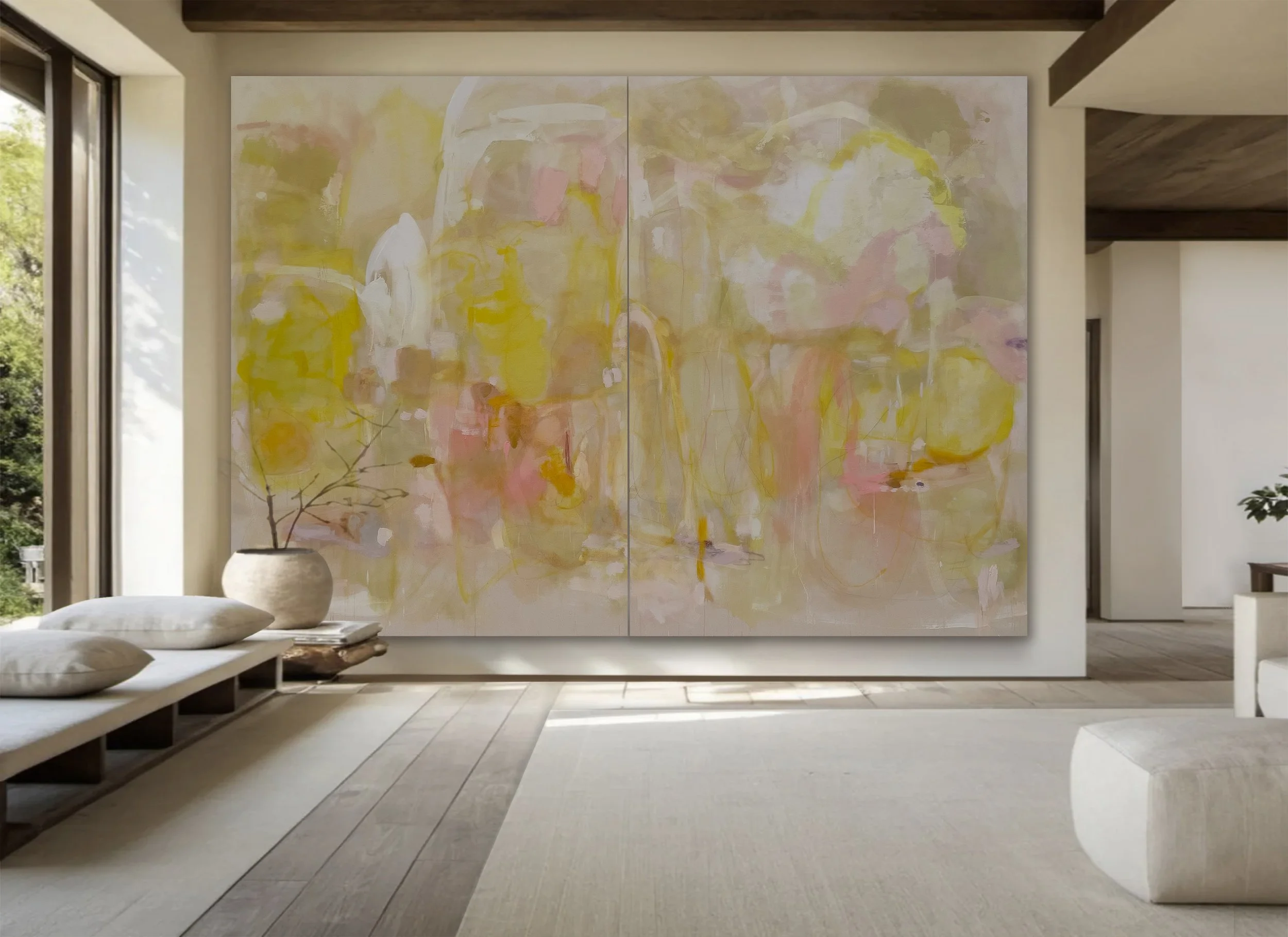 A warm-toned oversized diptych painting hanging in situ in a luxury spa wellness center.
