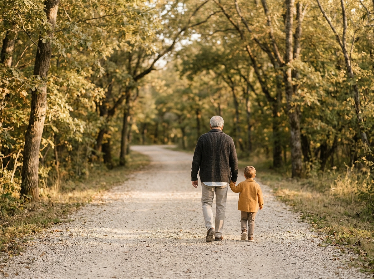 A grandfather and grandchild walking along a sunlit gravel road, representing trusts and estate planning in Mississippi.