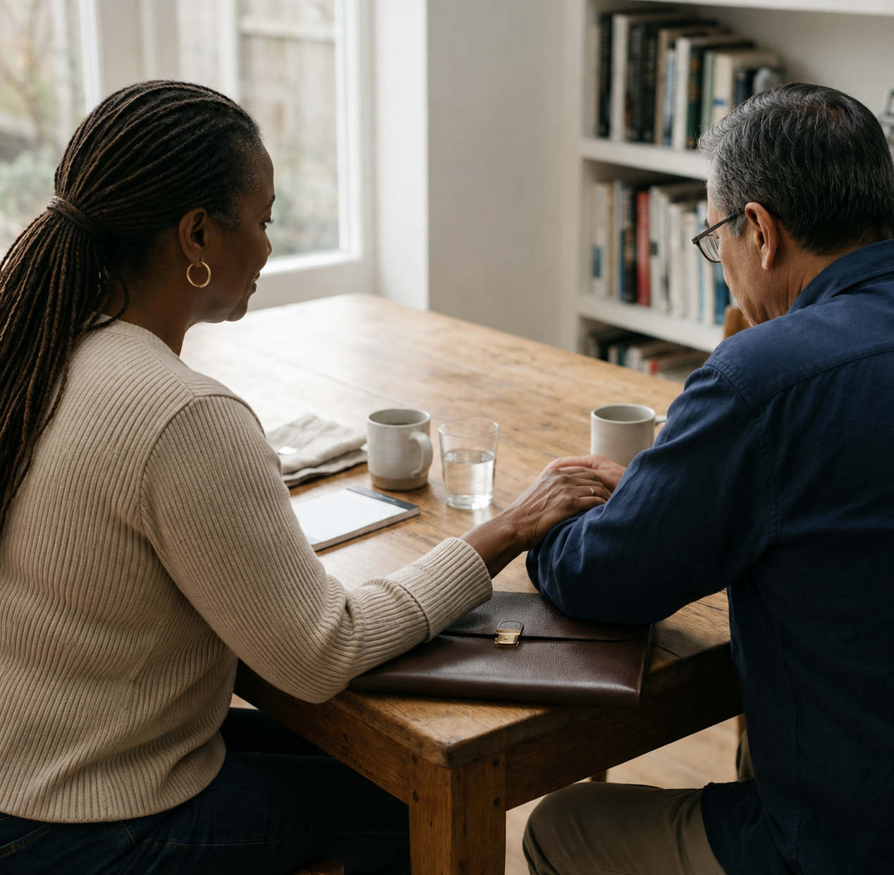 A couple sitting at a dining room table with a leather portfolio in between them, representing wills attorneys in Mississippi.