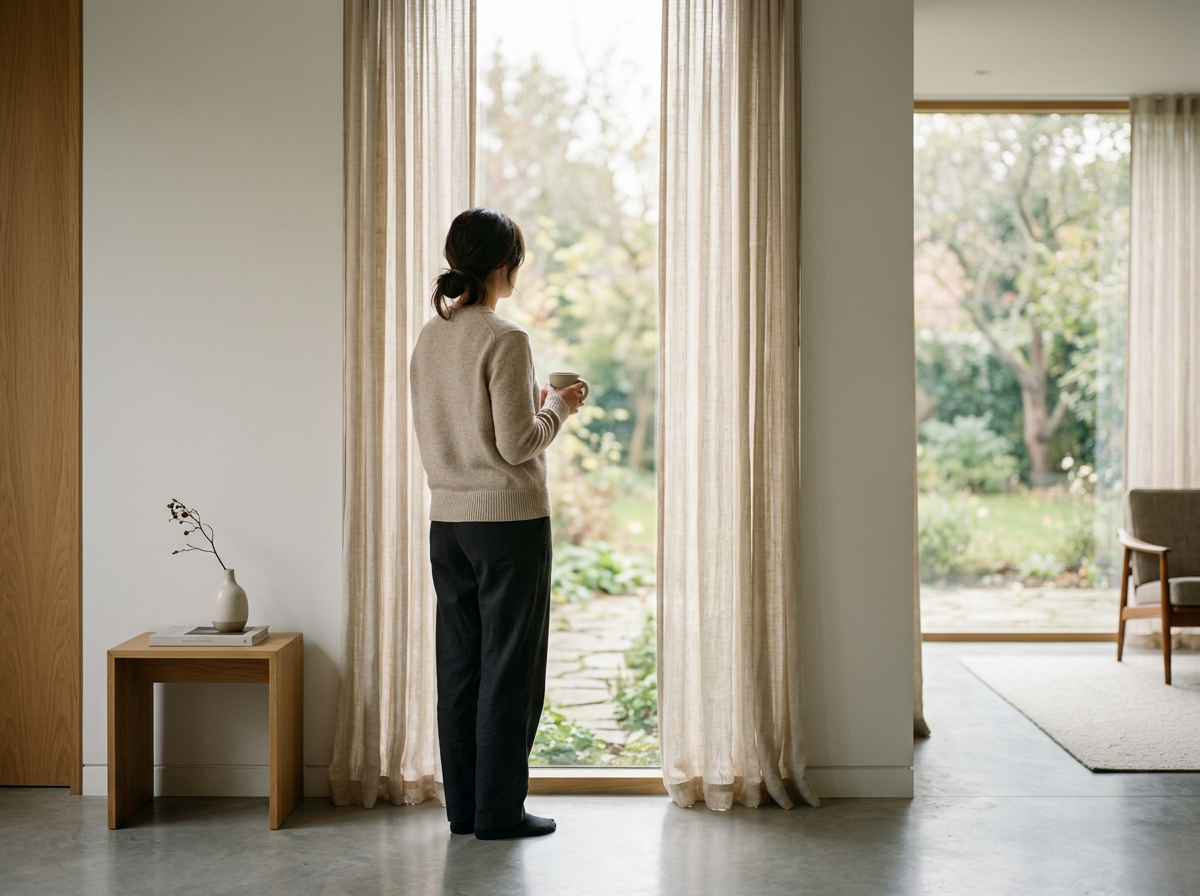 Woman standing at a bright window holding a coffee mug, representing divorce representation in Mississippi.