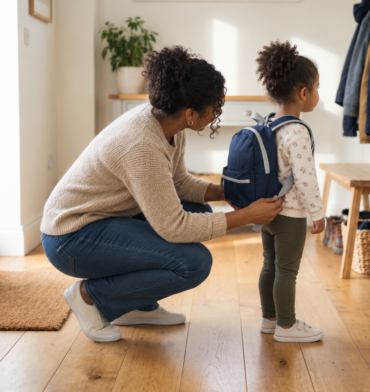 A woman helping her young child put on their backpack, representing child custody claims in Mississippi.