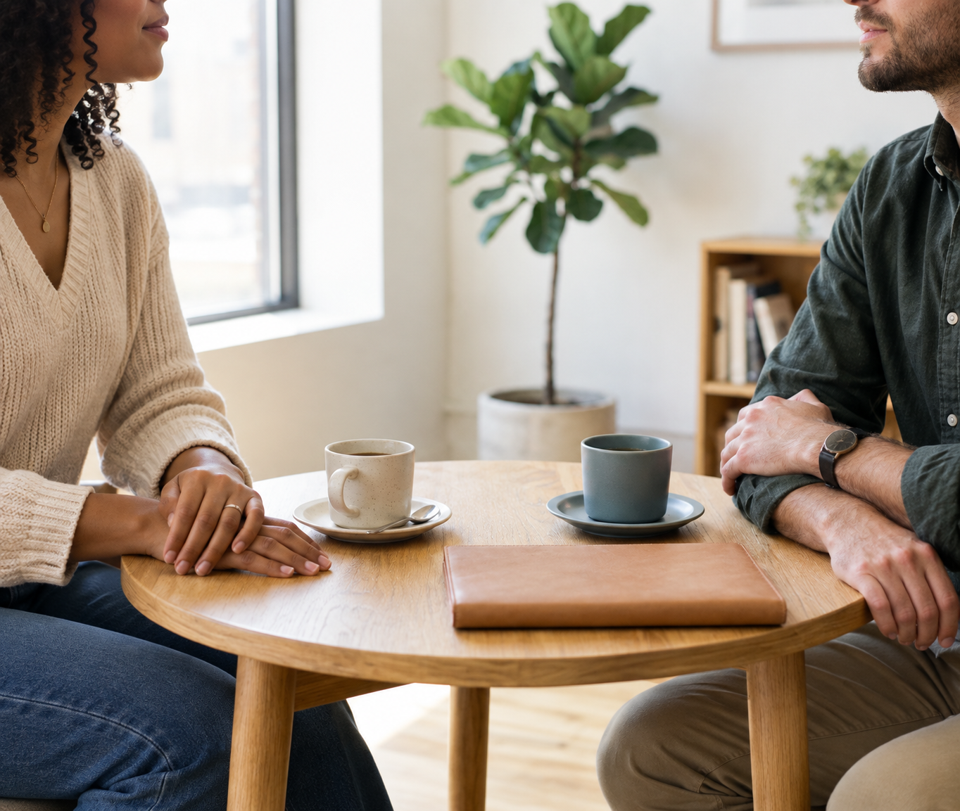 A couple sitting at a small round table conversing over coffee, representing prenuptial agreement services in Mississippi.