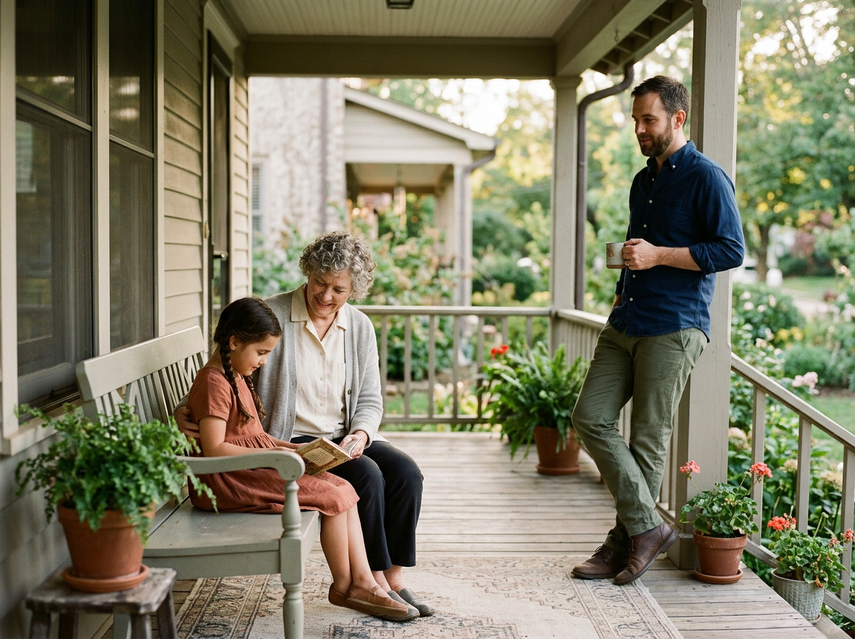 Grandmother reading with her granddaughter on a front porch, representing estate planning for Mississippi families.