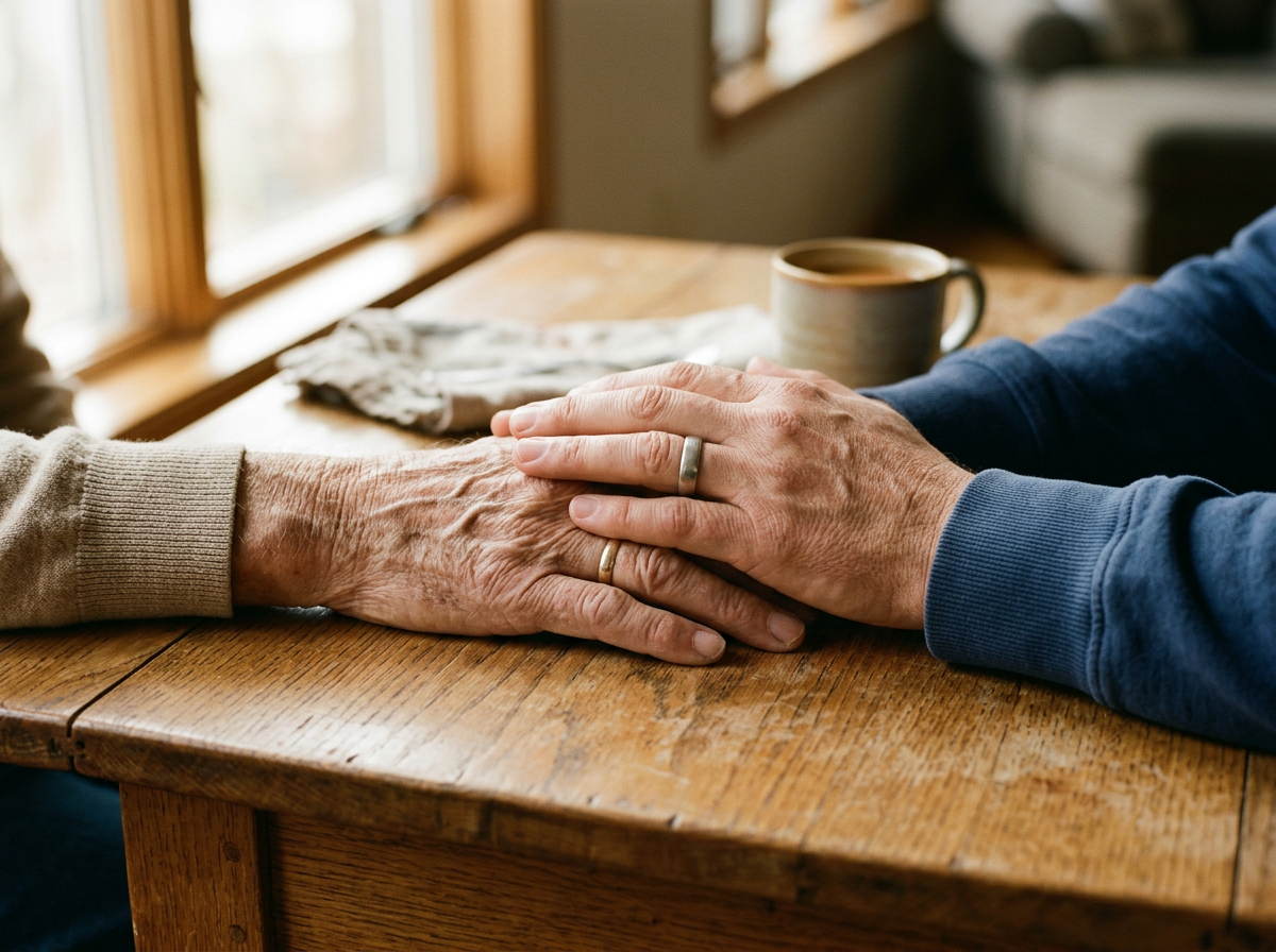 Two people's hands resting together on a wooden table by a window, representing durable powers of attorney in Mississippi.